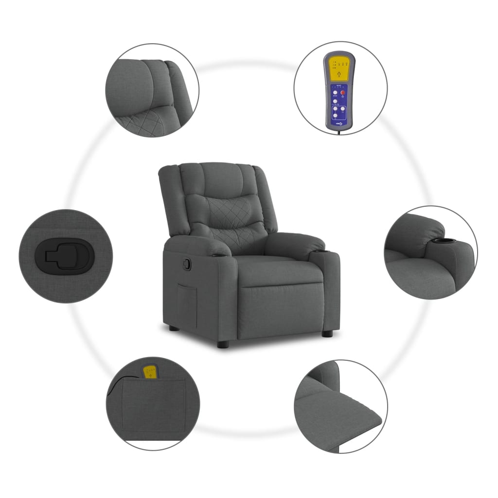 Fauteuil de Salon，Chaise，Fauteuil inclinable de massage gris foncé tissu - 6