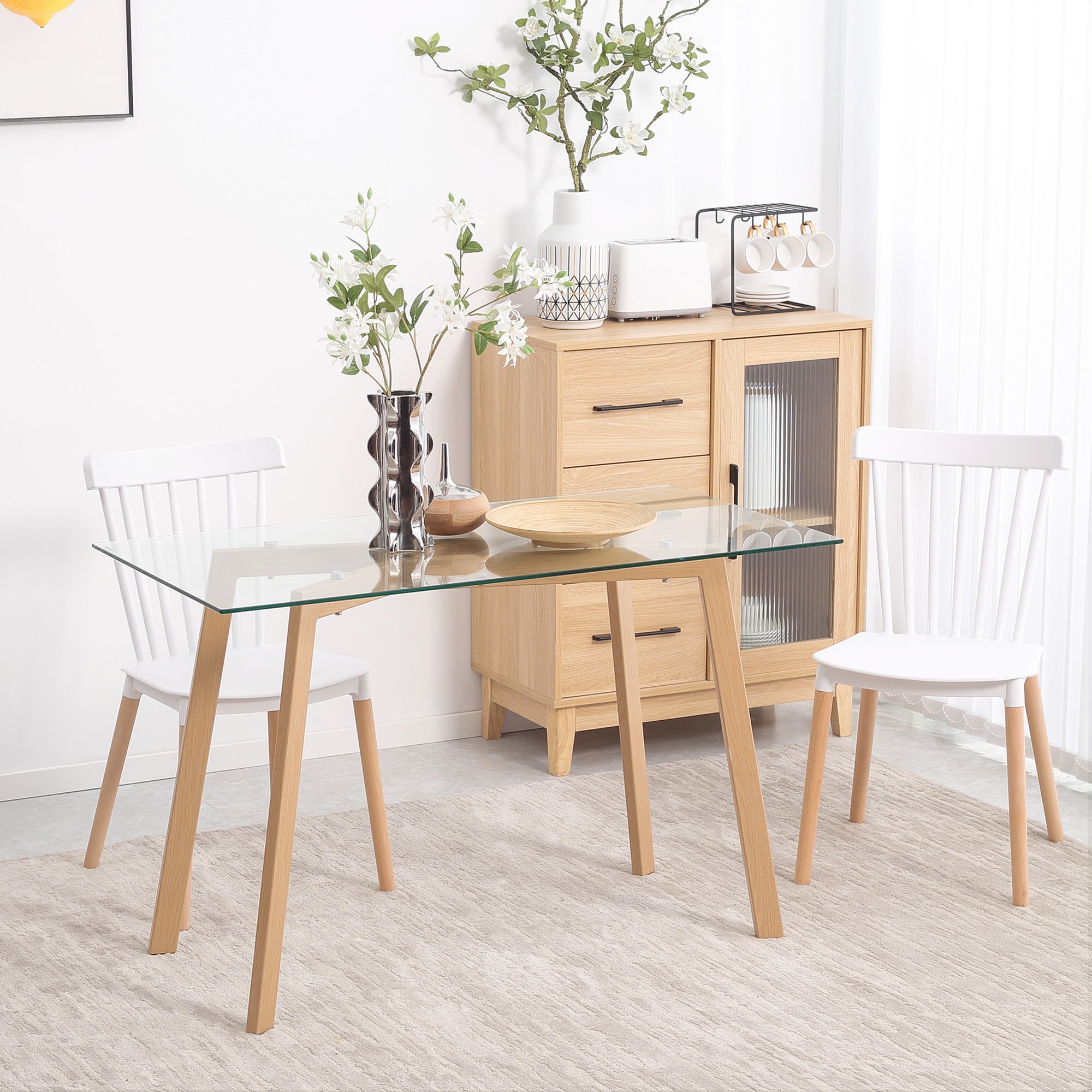 Table de salle à manger HOMCOM Verre trempé, acier transparent et bois 120x60x76 cm 835-837V00TP - 2