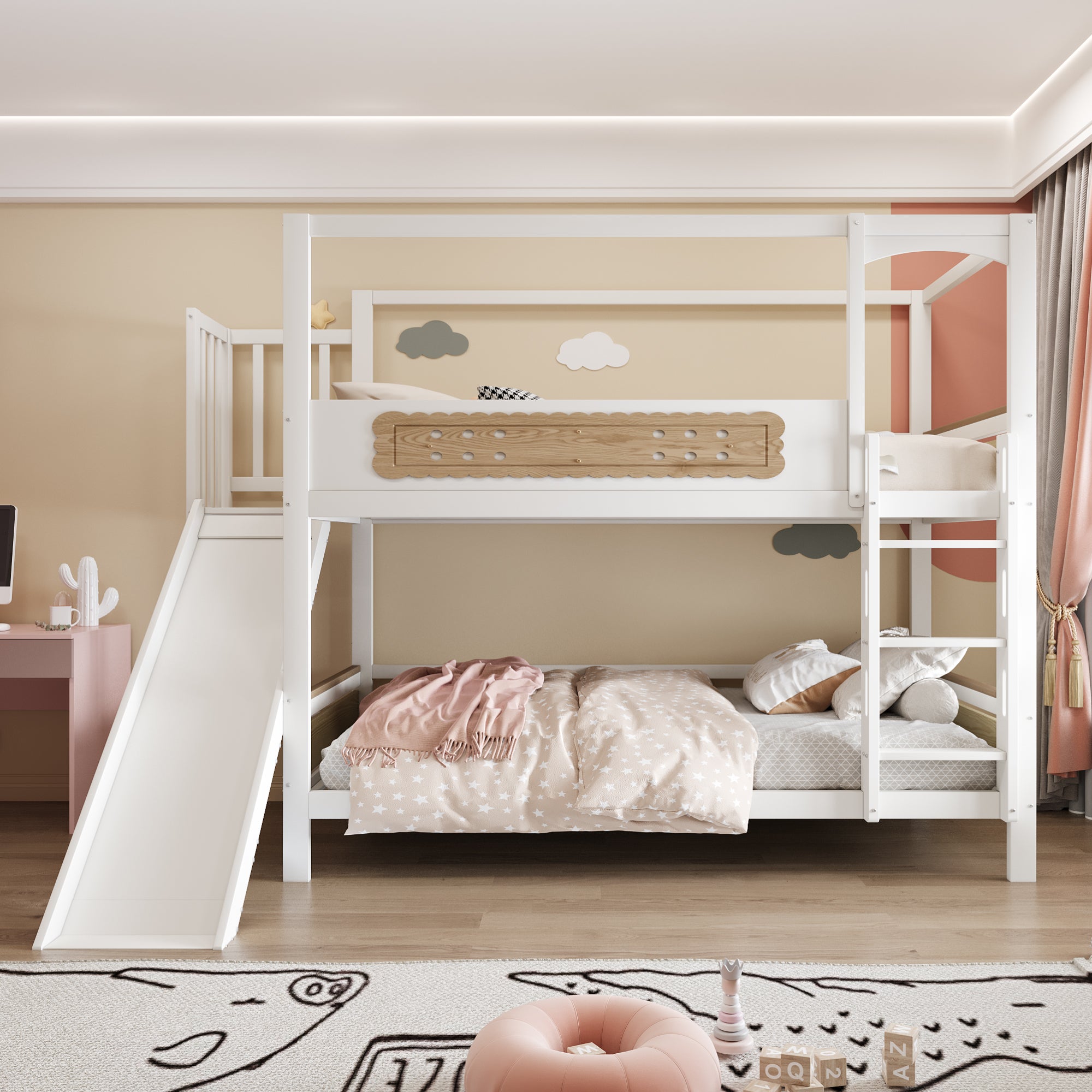 Łóżka piętrowe 2 x 90 x 200 cm z barierkami i zjeżdżalnią - Sosna + sklejka + MDF - Białe (Materace nie są wliczone w cenę) - 2