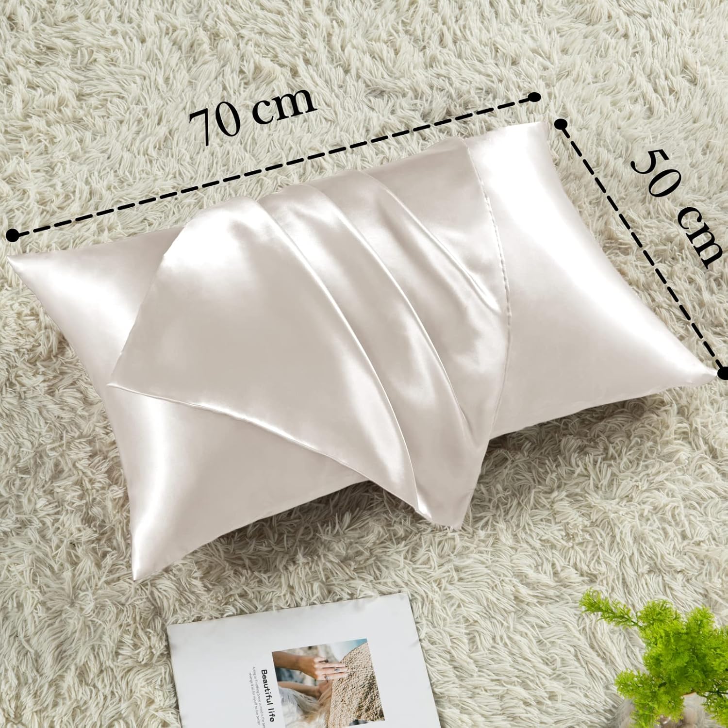 Lot de 2 taies d'oreiller en satin 50 x 70 cm, pour les cheveux, similaires aux taies d'oreiller en soie, 50 x 70 cm, certifiées Oeko-Tex, beige, et 2 - 4