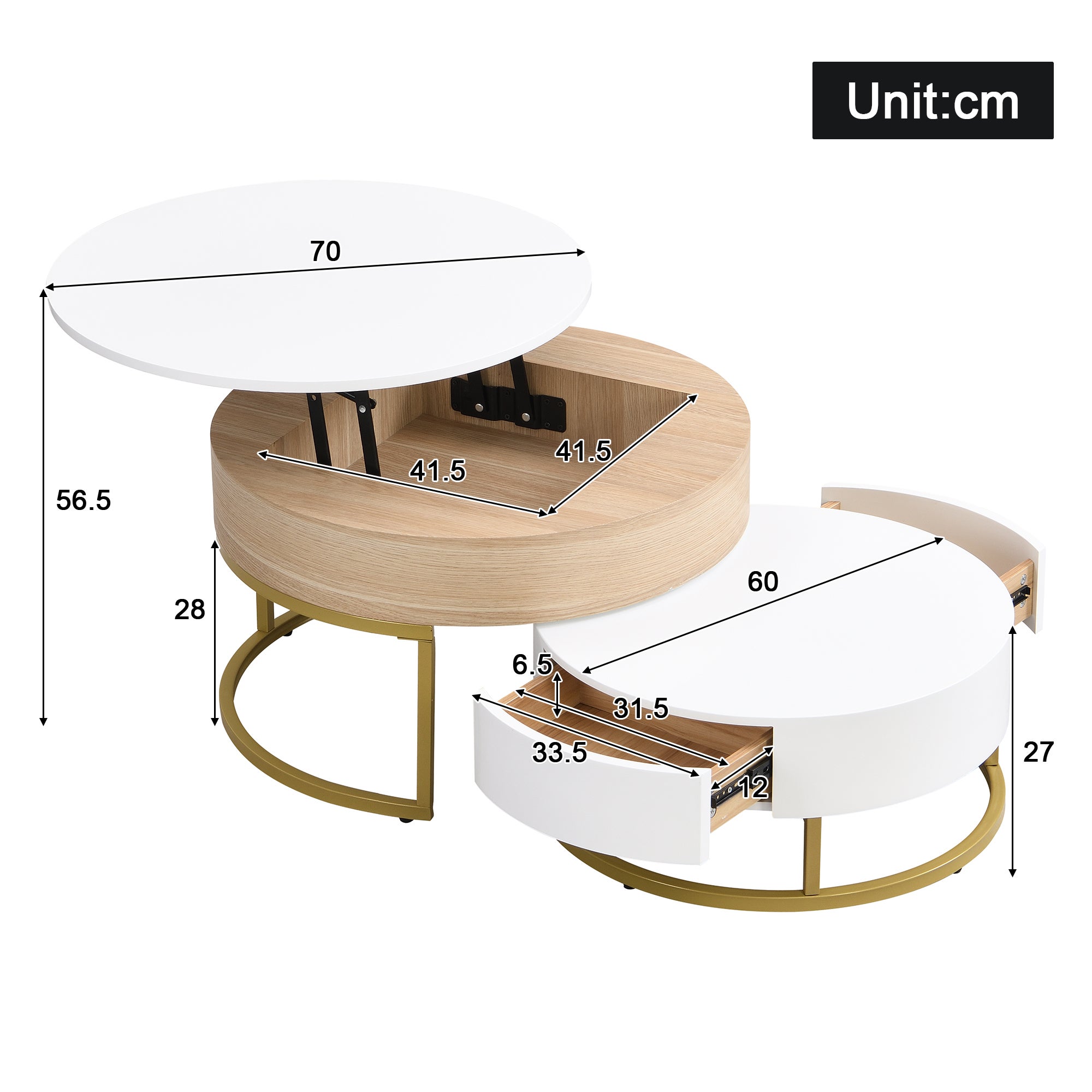 Set di tavolini giganti (70×70×42/56,5 cm, 60×60×27 cm) con piano sollevabile e 2 cassetti, in MDF, bianco e rovere - 4