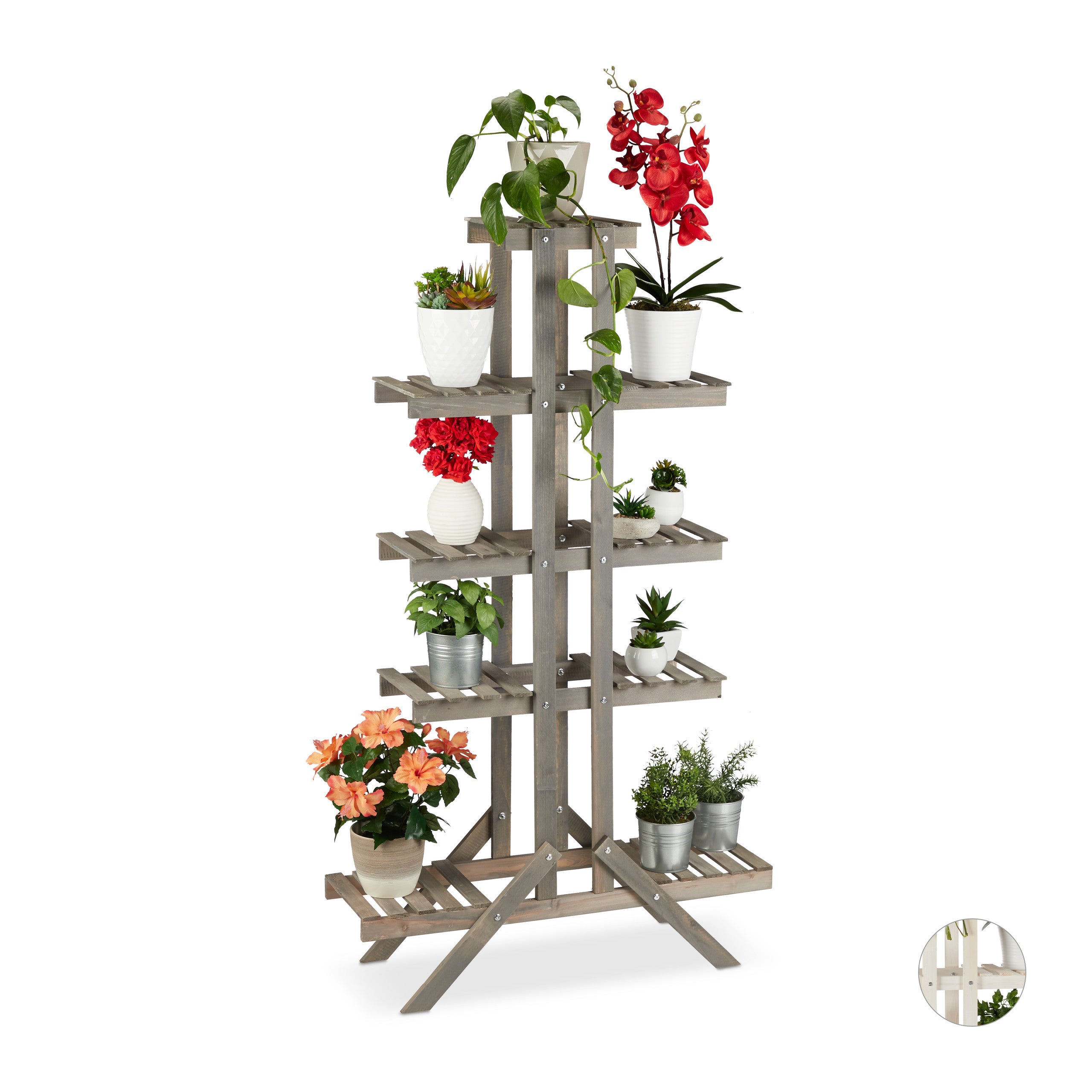 Relaxdays Fioriera A Scala In Legno 5 Ripiani - Portavasi Shabby Chic Per Piante E Fiori - Grigio, 125x81x25 Cm - Per Interni, Giardino E Balcone