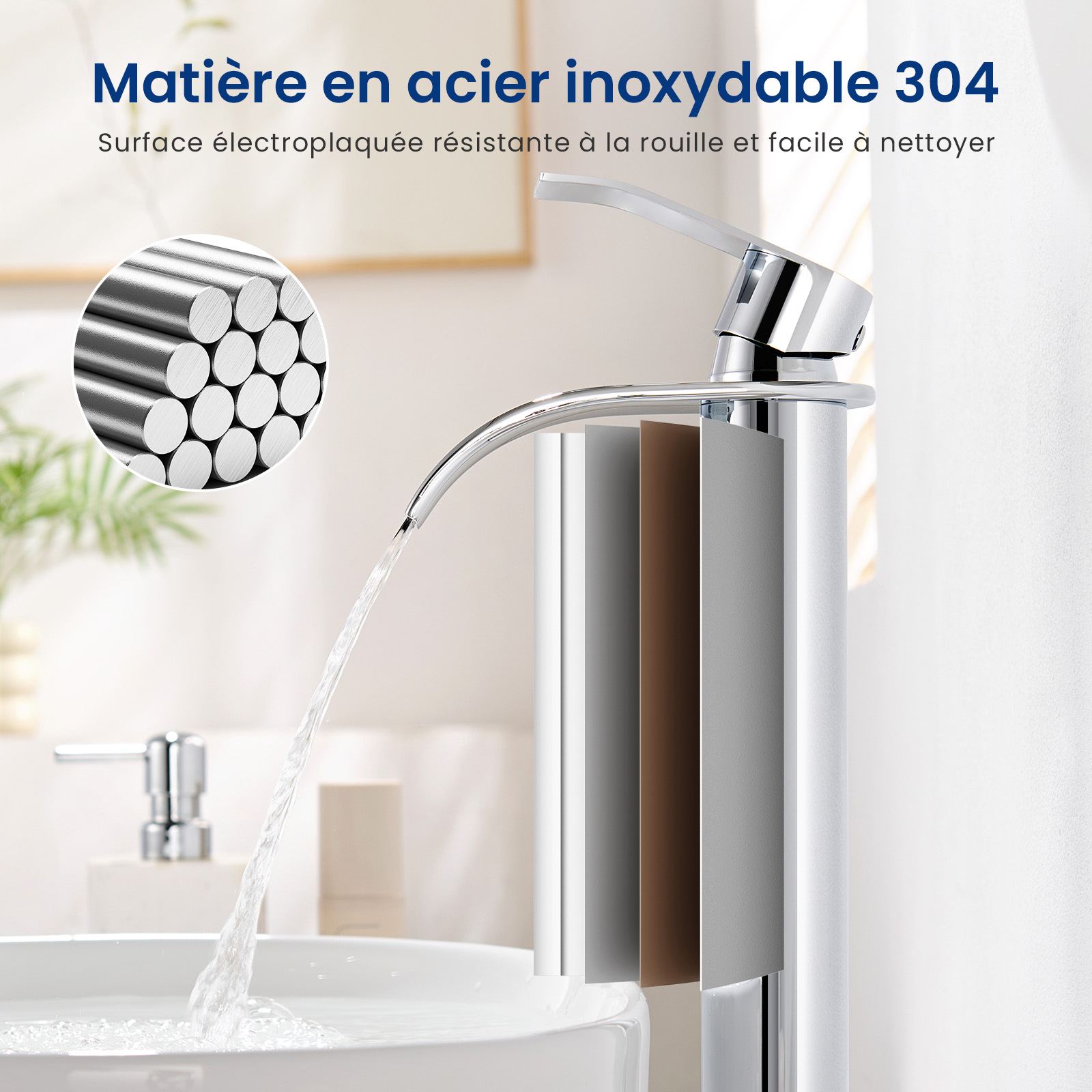 2PCS Mitigeur de lavabo en cascade Robinet de salle de bains chrome Robinet de lavabo en acier inoxydable Robinet de lavabo et vasque haut - 5