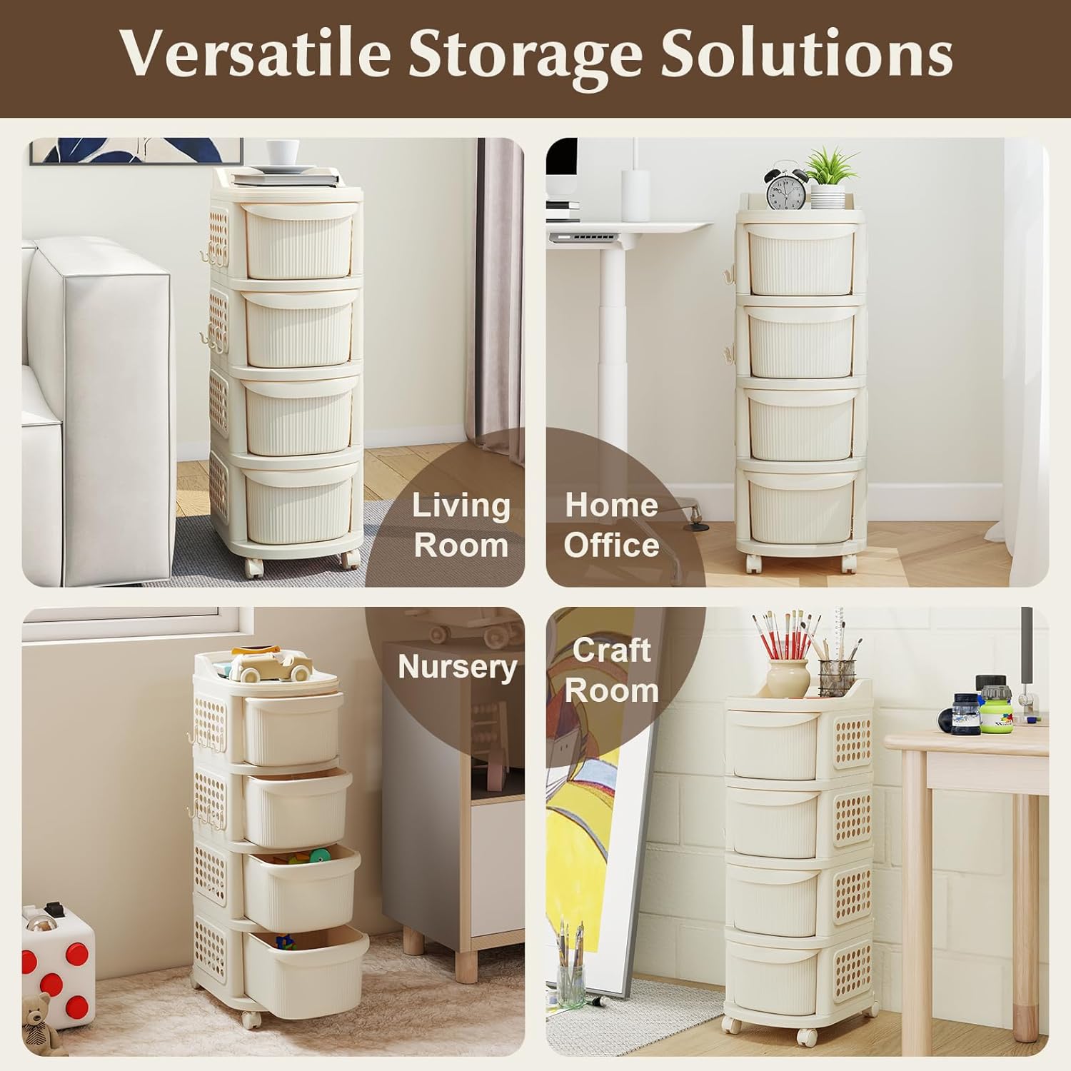 Carrello con 4 Cassetti, Contenitore in Plastica con Rotelle, 6 Ganci, Mobiletto Portaoggetti Mobile per Soggiorno, Cucina e Ufficio (BIANCO) - 7