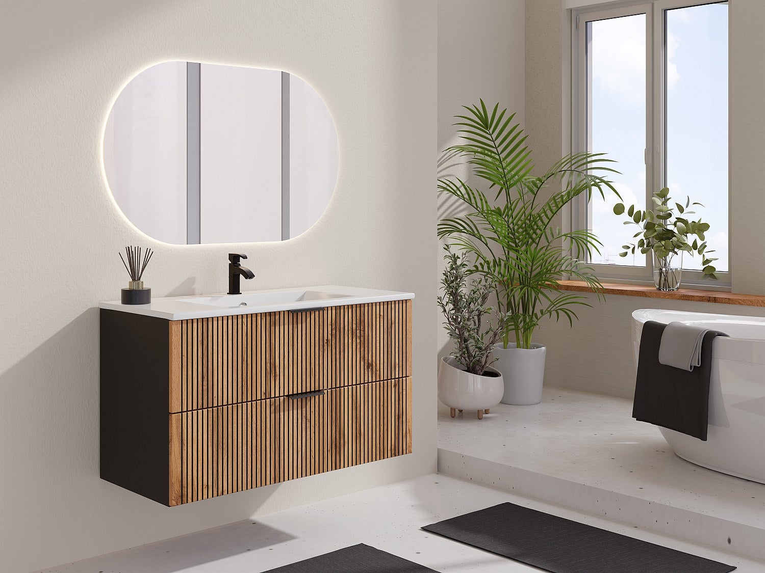 Szafka pod umywalkę wisząca ryflowana - Naturalny jasny i czarny - 100 cm - MADELA