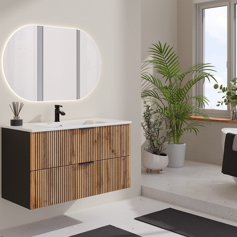 Szafka pod umywalkę wisząca ryflowana - Naturalny jasny i czarny - 100 cm - MADELA