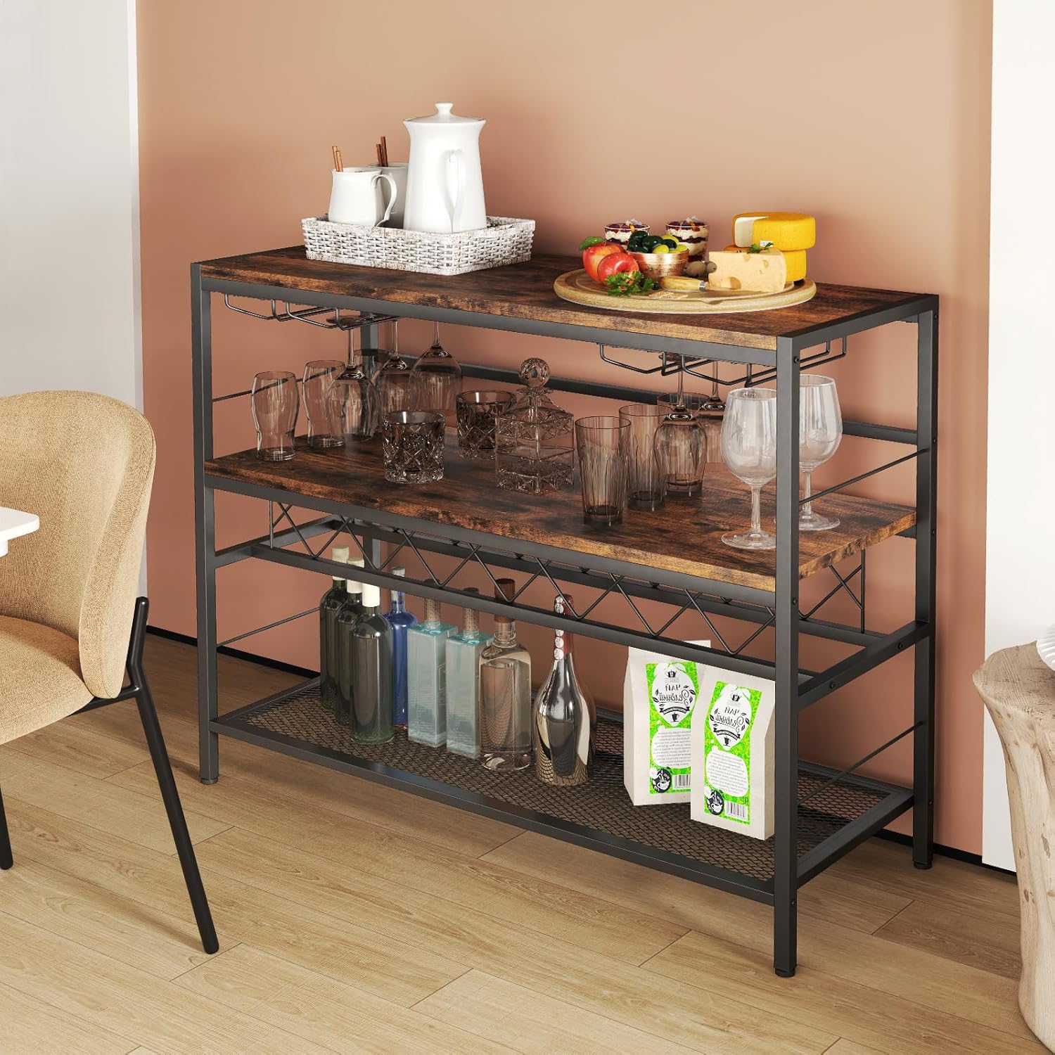 Mobile Portabottiglie di Vino e Calici da Terra, Scaffale Porta Vino su 3 Ripiani con Supporti per Bicchieri e Bottiglie, Tavolo Porta Vino da - 4