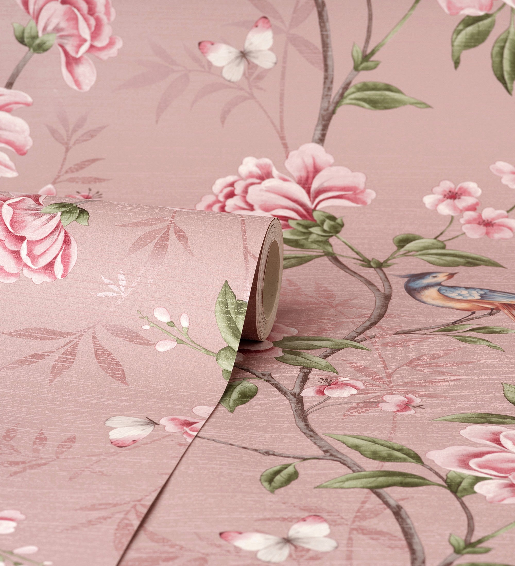 Papier peint d'oiseaux et fleurs sur fond texturé effect fibre végétale rose - Nora Garden 681990 de GAULAN - Rouleaux de 10 m x 0,52 m - 3