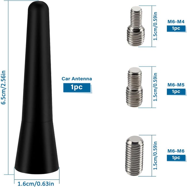 2 Antenne Auto Corte 6,5 Cm Universali Con Adattatori M4 M5 M6 Ricezione FM DAB