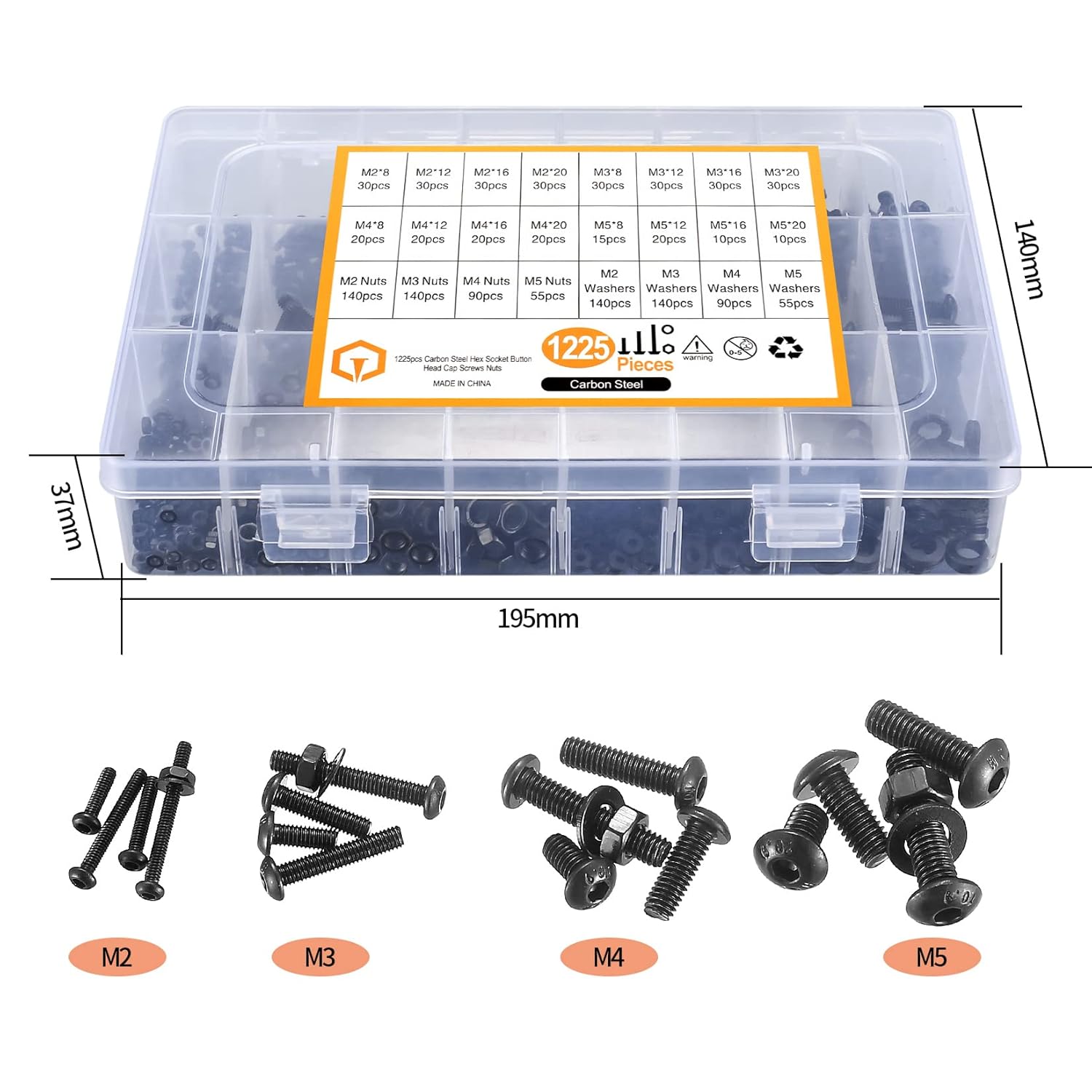 1225 pcs M2 M3 M4 M5 Tête hexagonale à six pans creux Vis d’assemblage Écrous Kit d’assortiment de rondelles plates, Acier au carbone Noir Vis - 3