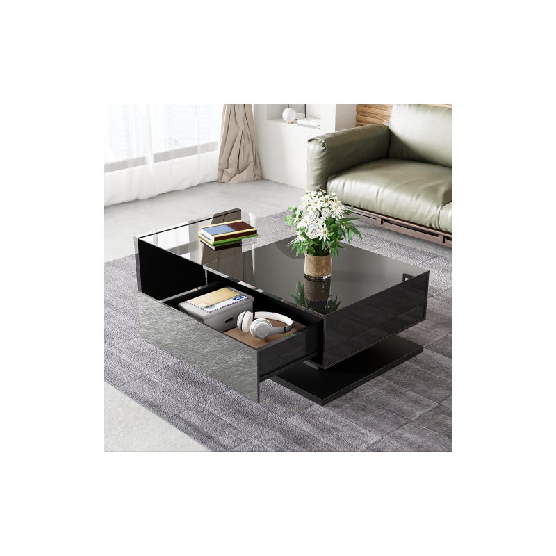 Couchtisch Hochglanz mit Glasplatte und LED Beleuchtung, Moderner Beistelltisch mit Ablagefach 105x55 cm für Wohnzimmer