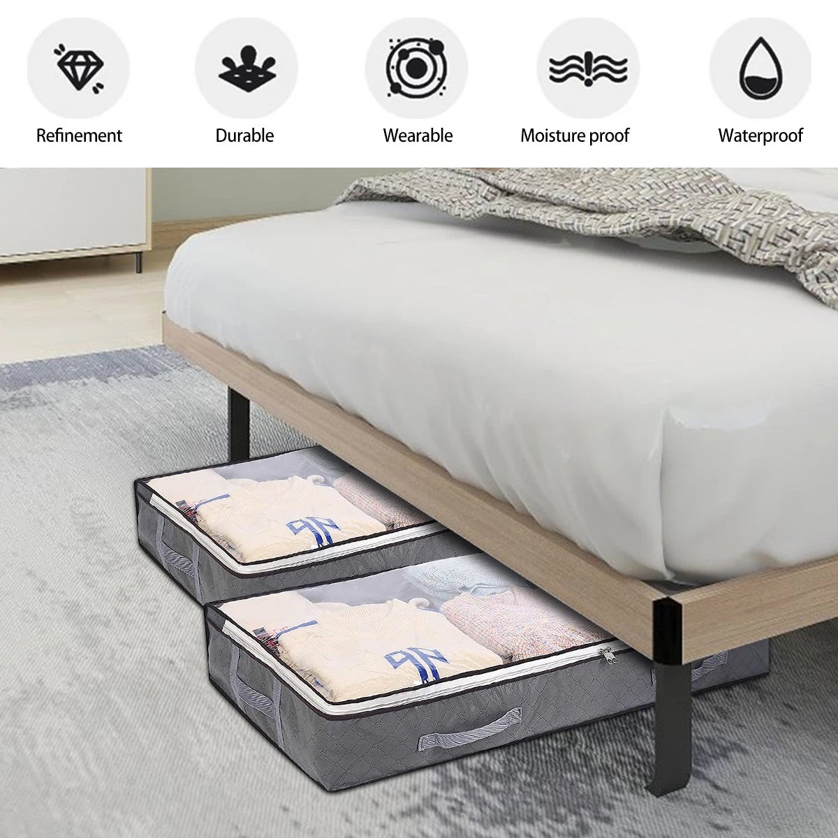Conteneurs de rangement sous le lit, 4 pièces de 75l, bacs de rangement pour placard, sacs de rangement pliables sous le lit, 100*50*15cm - 9