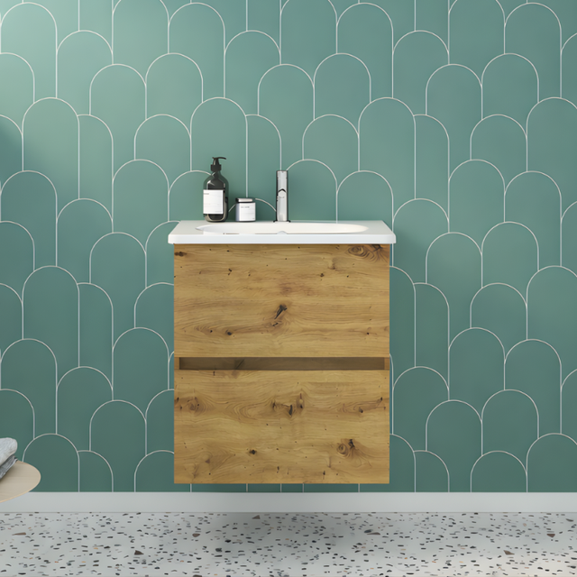 Meuble de salle de bain simple vasque 60 cm BURGBAD Joline chêne