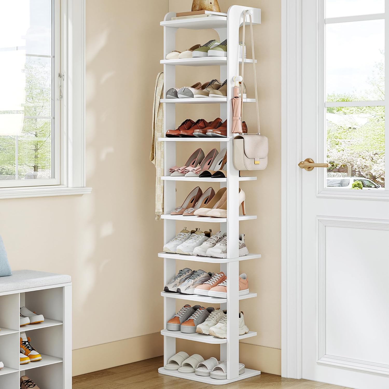 Étagère à Chaussures, Meuble à Chaussure à 10 Niveaux, Étagère de Rangement avec Crochets, Réglable, Peu Encombrante pour L'entrée, Couloir, Blanc - 2