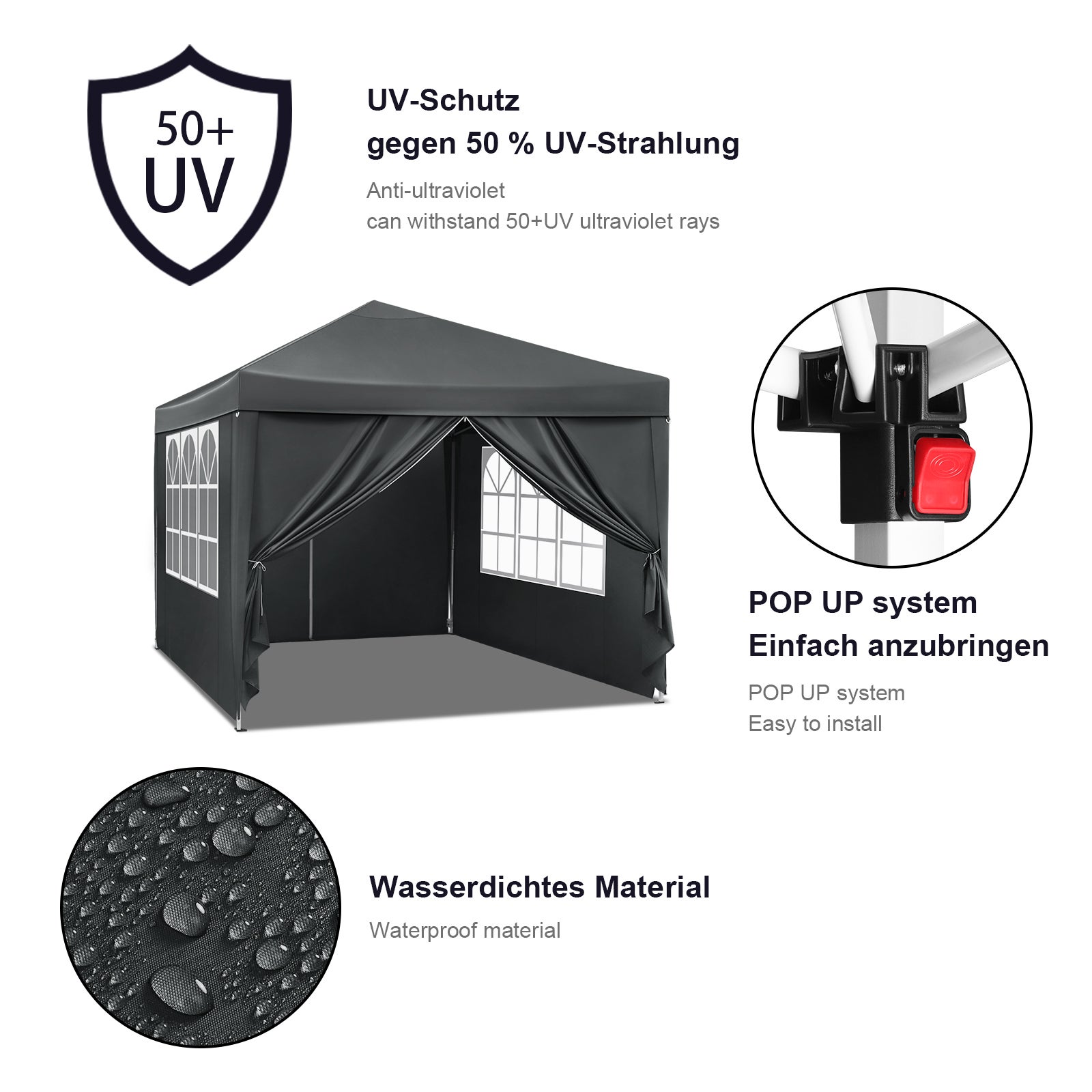 Carpa de jardín plegable de 3 x 3 m, impermeable, con protección solar UV y bolsa de transporte, para camping, cenador, parasol, gris/plateado - 2