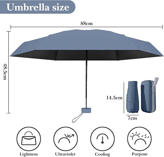 Parasol pliable 50%, pour les jours ensoleillés et pluvieux, pliable, protection UV, avec porte-cartes, bleu brume - 7
