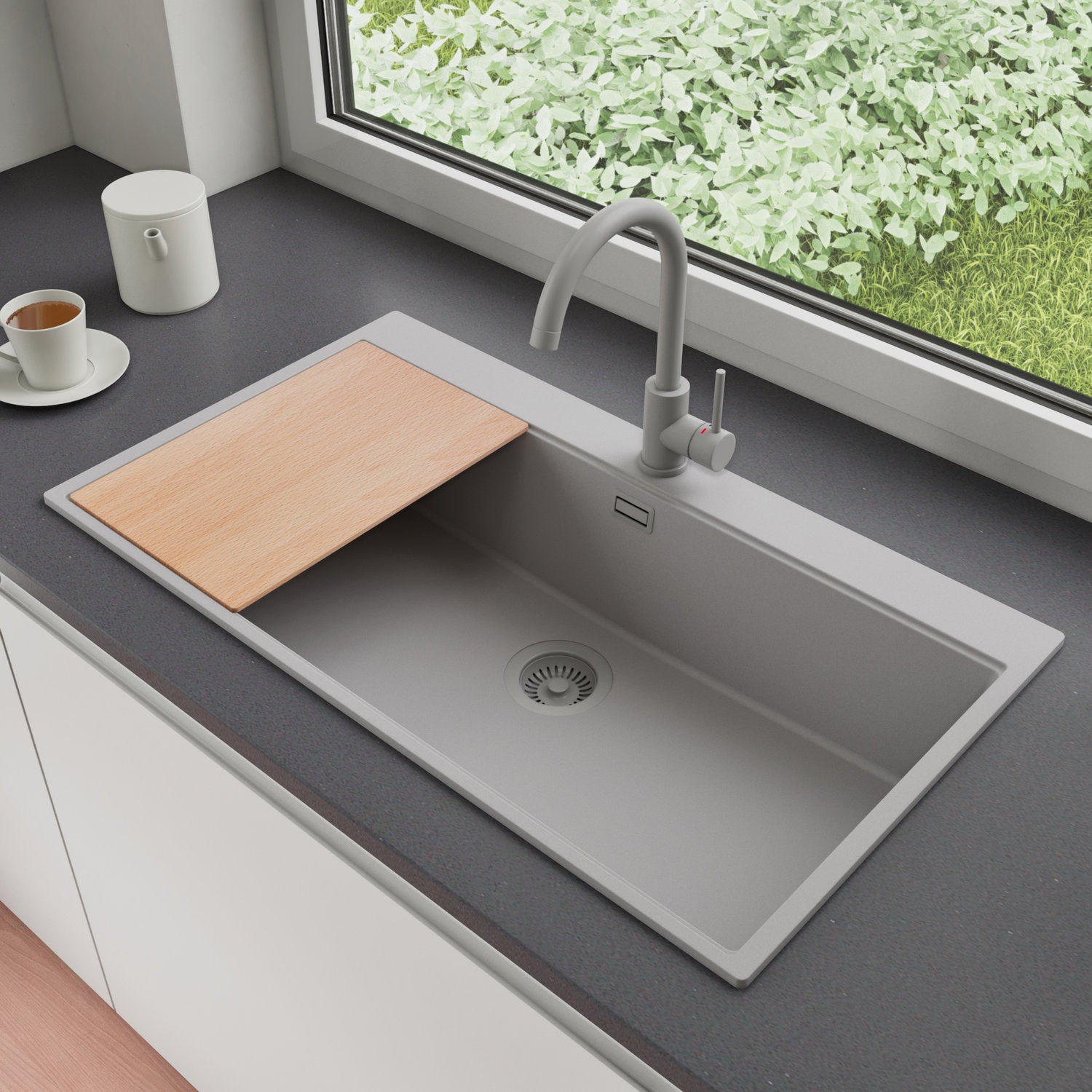 Zlewozmywak Granitowy 88x50cm, do szafki od 90cm + Bateria + Syfon + Deska - Rubin Szary STONESTYLE