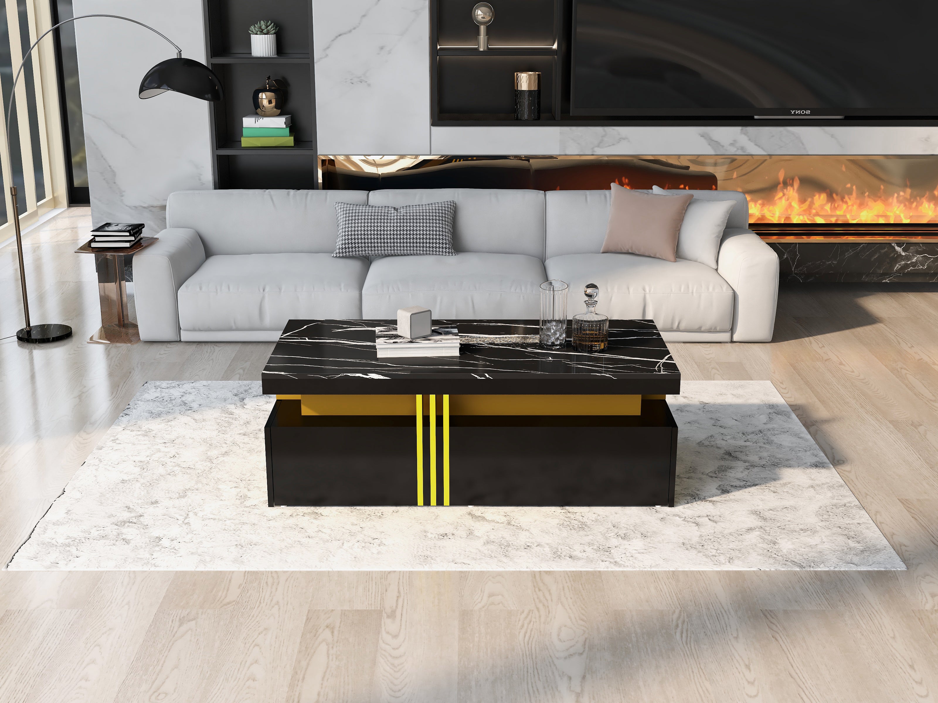 Table basse rectangulaire avec 2 tiroirs - 100x50x40 cm - panneaux de particules - plateau marbré, pour salon - noir - 3