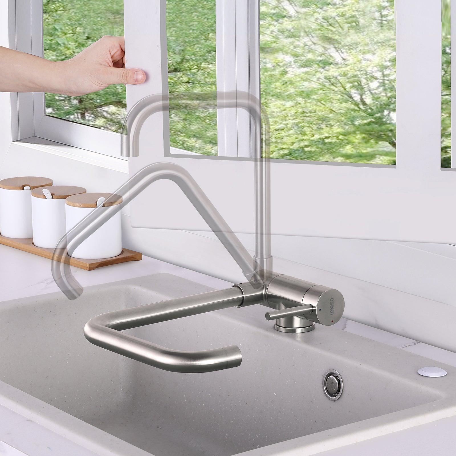 Lonheo max Robinet de Cuisine Rabattable 2 Jets aux Choix, Mitigeur Evier Repliable en Inox Brossé devant Fenêtre, Mitigeur d'évier Pliable - 4