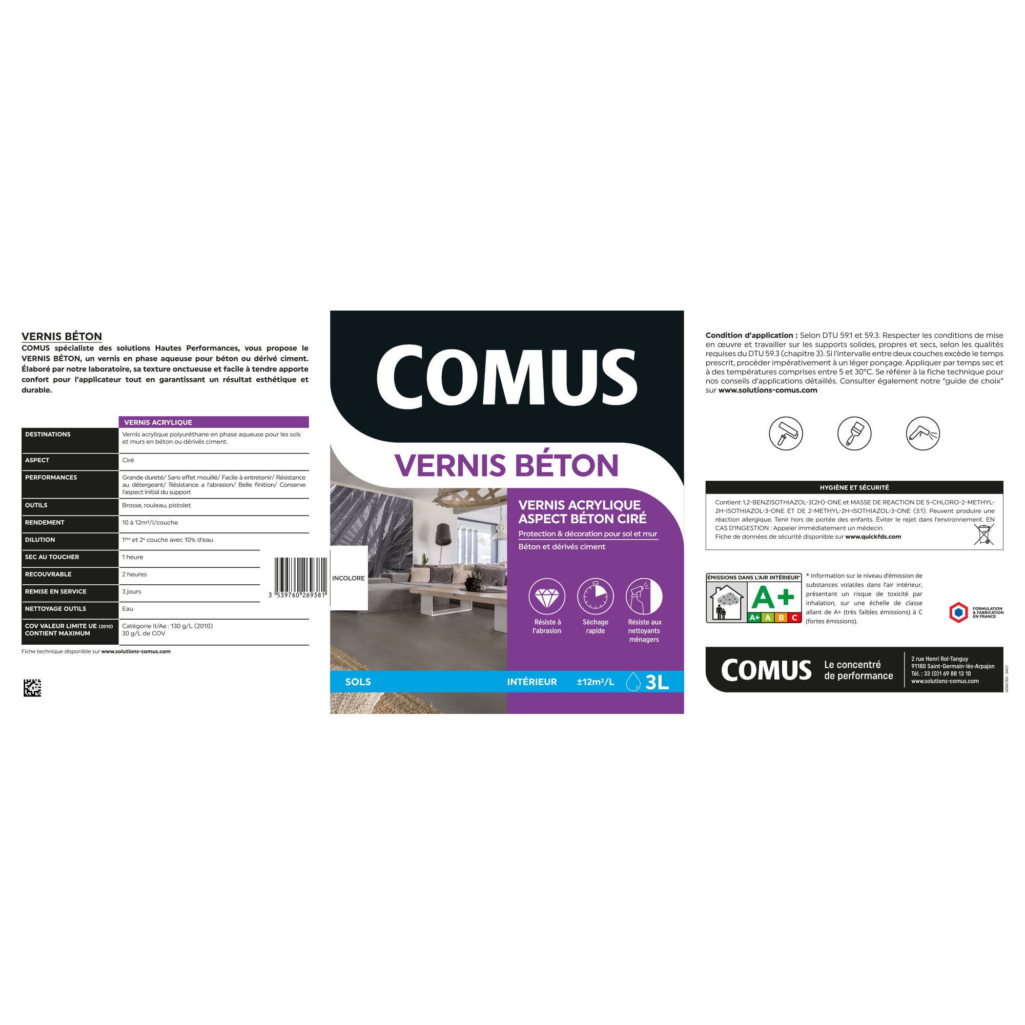 VERNIS BÉTON 3L - Vernis polyuréthane acrylique pour les sols et murs en béton ou dérivés ciment - COMUS - 5