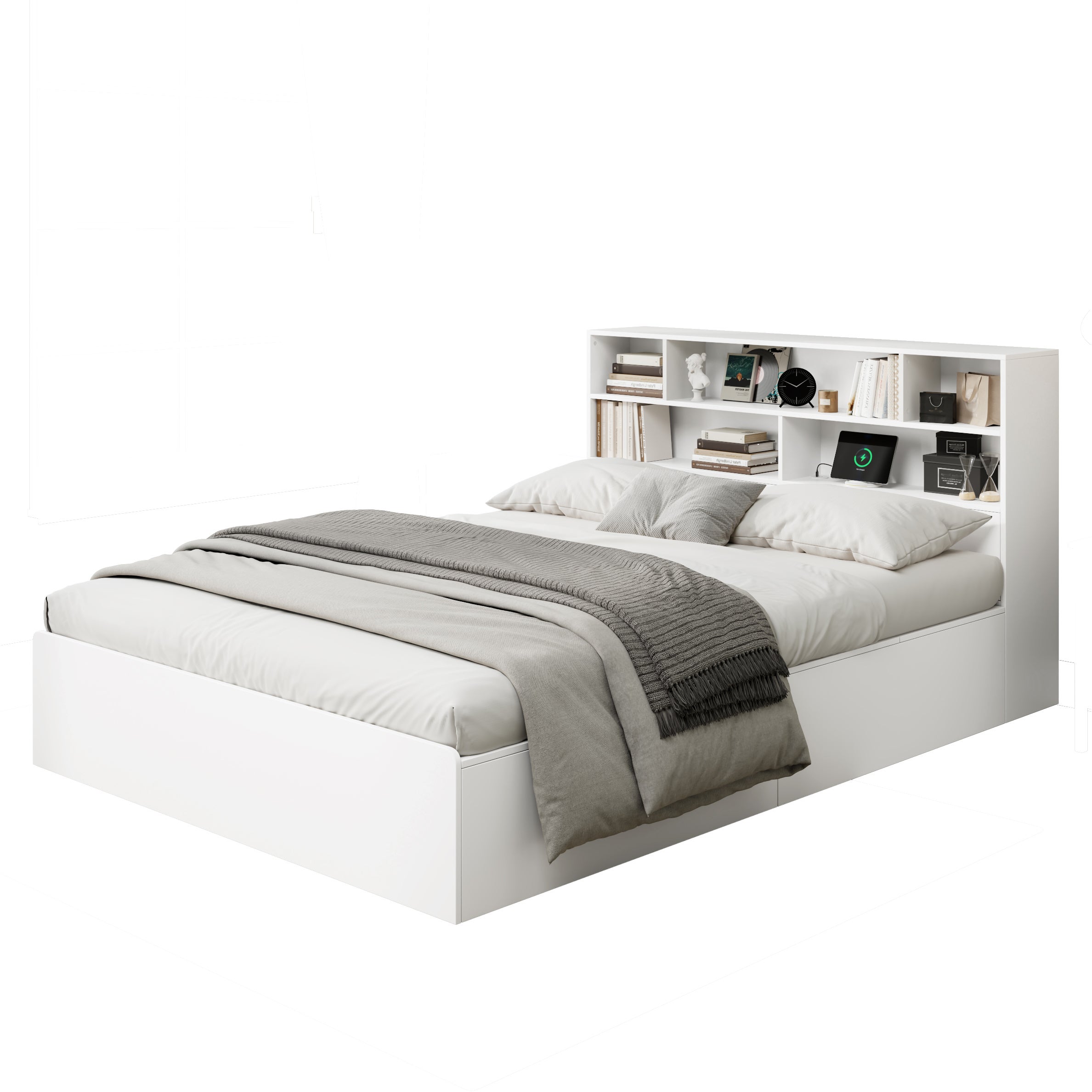 Lit coffre 140 x 200 avec tête de lit et compartiments de rangement- Charge USB - Bois MDF - Blanc (sans matelas) - 9