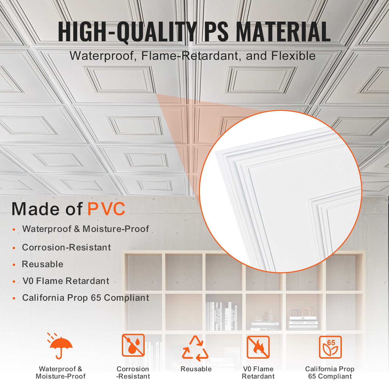 Dalles de Plafond PVC VEVOR Lot de 12, Plaques Décoratives 605 x 605 mm à Coller, Revêtement Blanc Motif 3D - 3