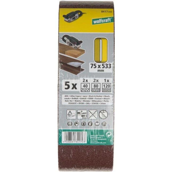 Wolfcraft Lot De 3 Bandes Abrasives 75 X 533 Mm Grain 40 – Pour Ponceuse à Bande Bois Et Métal