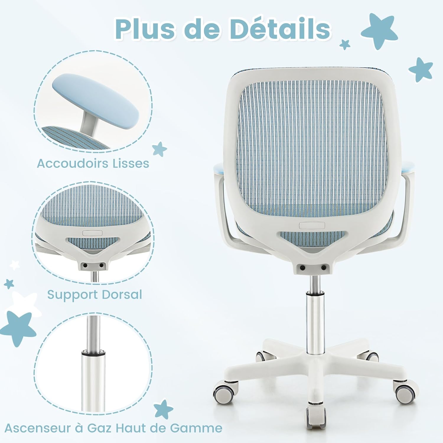 Silla de Escritorio para Niños, Silla Infantil Giratoria para Computadora con Altura Ajustable, Ruedas con Freno, Reposabrazos Lisos, Silla Er - 3