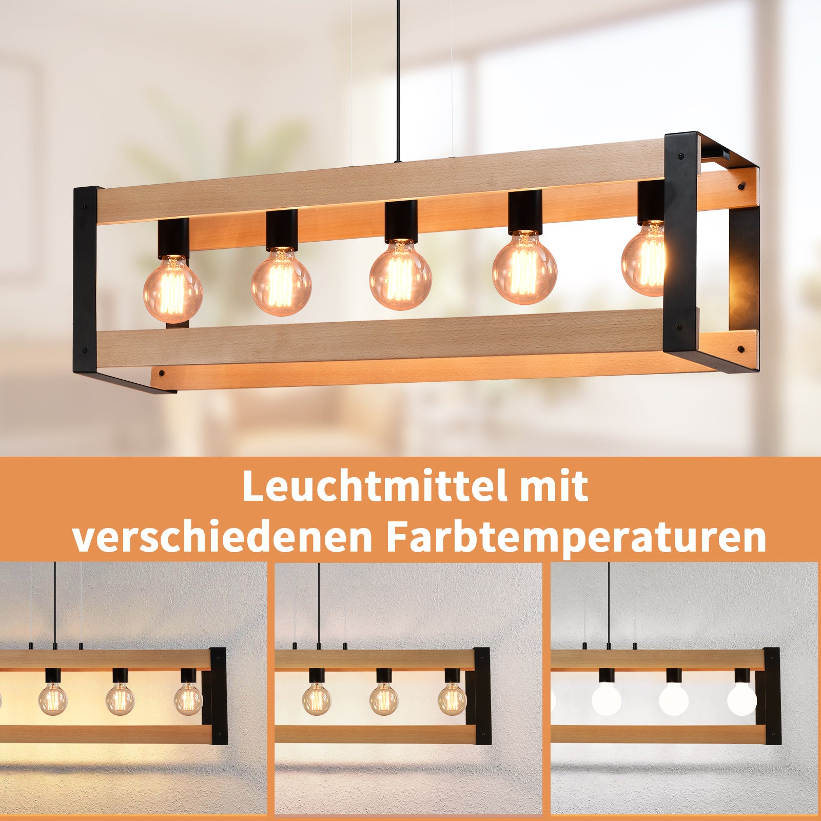 NETTLIFE Suspension lampe de salle à manger vintage en bois noire E27 5 flammes table à manger industrielle - 3