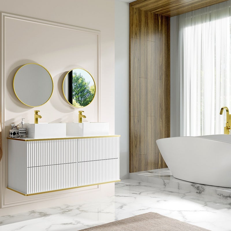 Szafka łazienkowa wisząca w paski ze złotą okleiną i podwójną umywalką nablatową – biała – 120 cm – KELIZA
