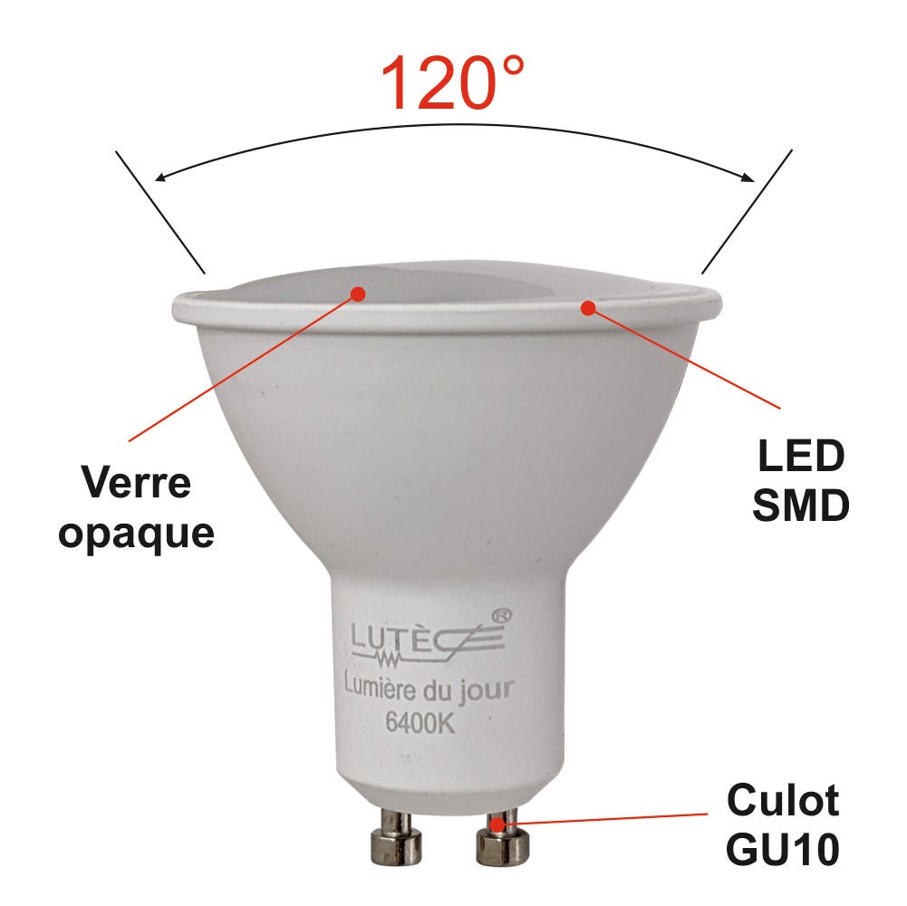 Lot de 10 ampoules LED GU10&nbsp;4,9W - 120° - 400Lm 6400K - garantie 5 ans - 2