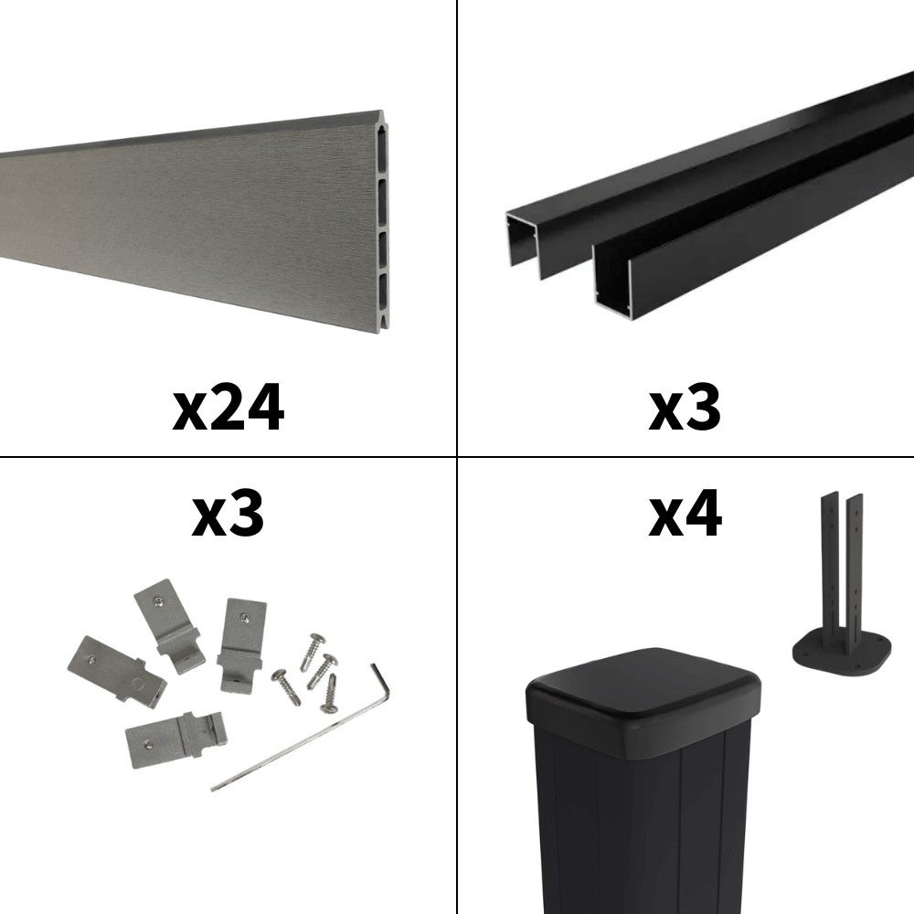Kit Clôture Composite sur Muret RIO Platine 5,5x1,2m - Bois composite & Aluminium - Poteaux sur Platines Noir - Brise vue - 3