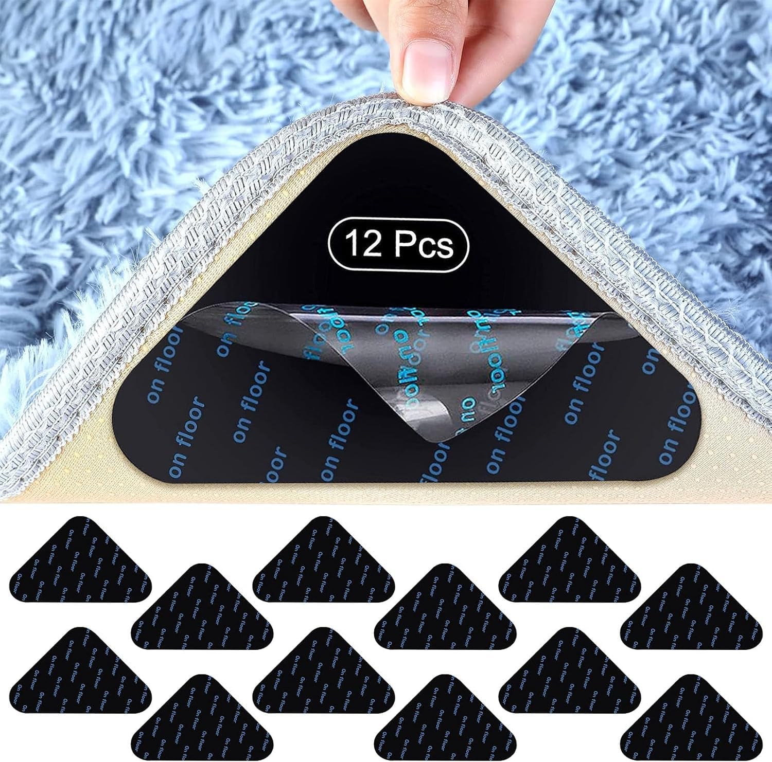 Zestaw 12 antypoślizgowych mat, czarne, prostokątne, 11,5 x 9 cm, poliuretan, można prać w pralce, samoprzylepne do dywanów, twardych podłóg