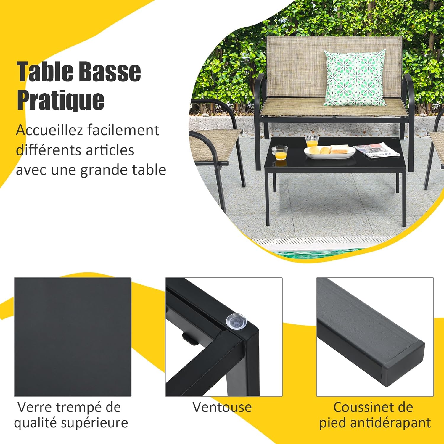 Ensemble Salon de Jardin 4 Pièces en Métal, 2 Fauteuils, Ensemble de Meubles de Patio(Marron) - 5