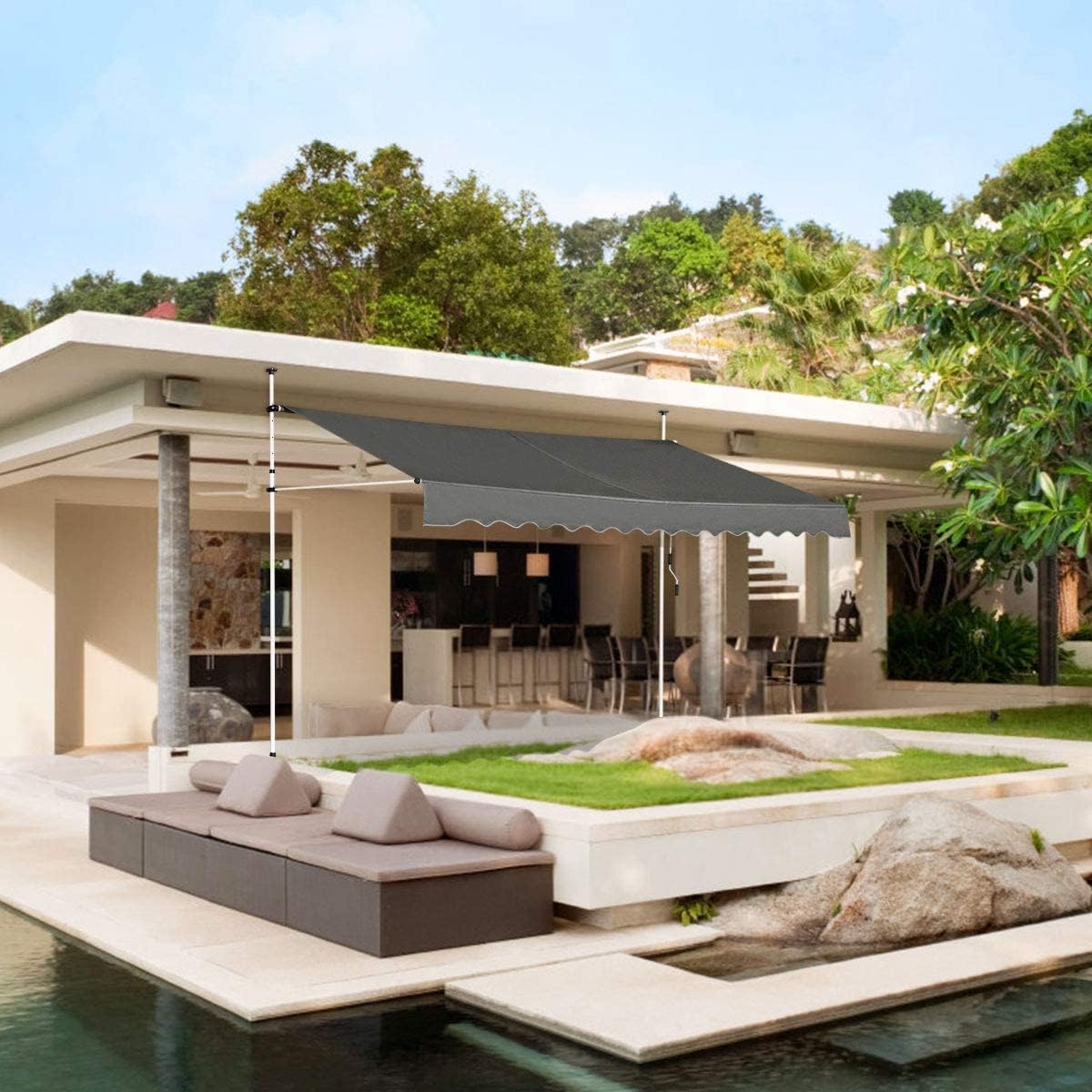 Store Banne Manuel Rétractable 4x1,2M en Aluminium-sans Perçage-Hauteur Réglable 2-3M-Auvent Banne de Balcon sur Pied,Gris - 5