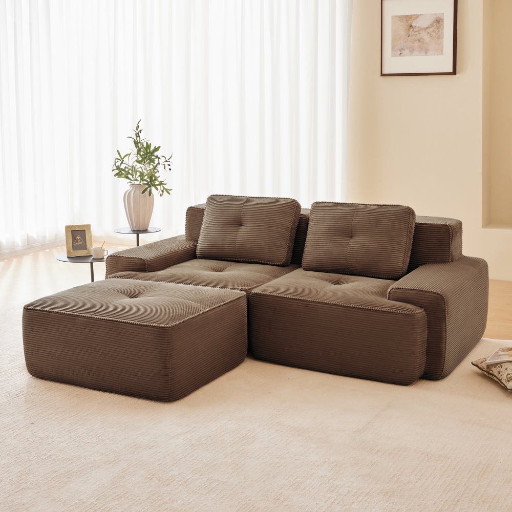 Sofa narożna, w kształcie litery L, modułowa, sztruks, głębokie siedzisko, z pufą, 2-osobowa, brązowa
