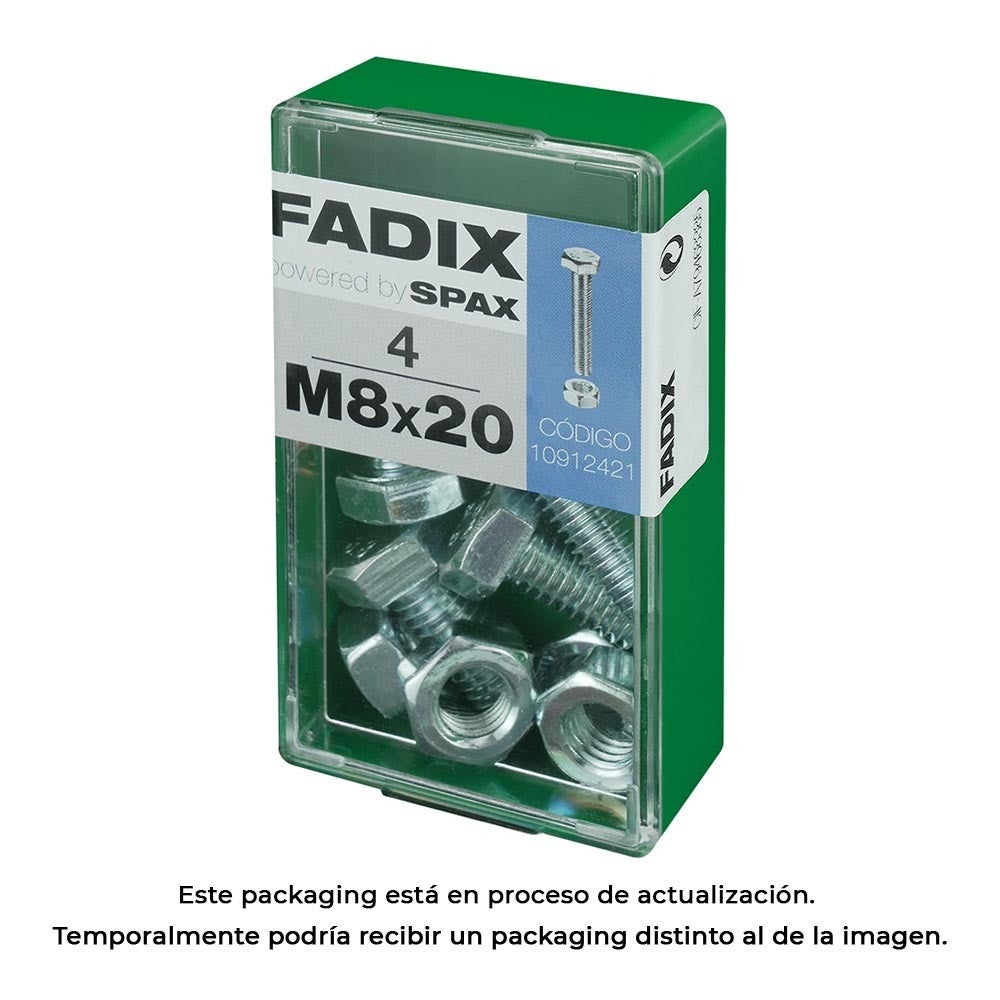 Caja De 2 Tornillos Métricos M8x60 Mm Con Tuerca - Cabeza Hexagonal, Zincado, Marca FADIX