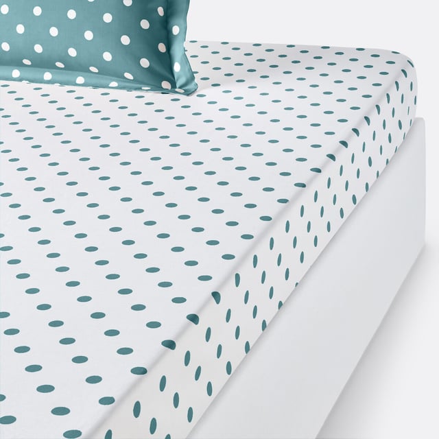 Drap housse pur coton imprimé pois, Clarisse - Céladon/blanc - 160 x 200 cm