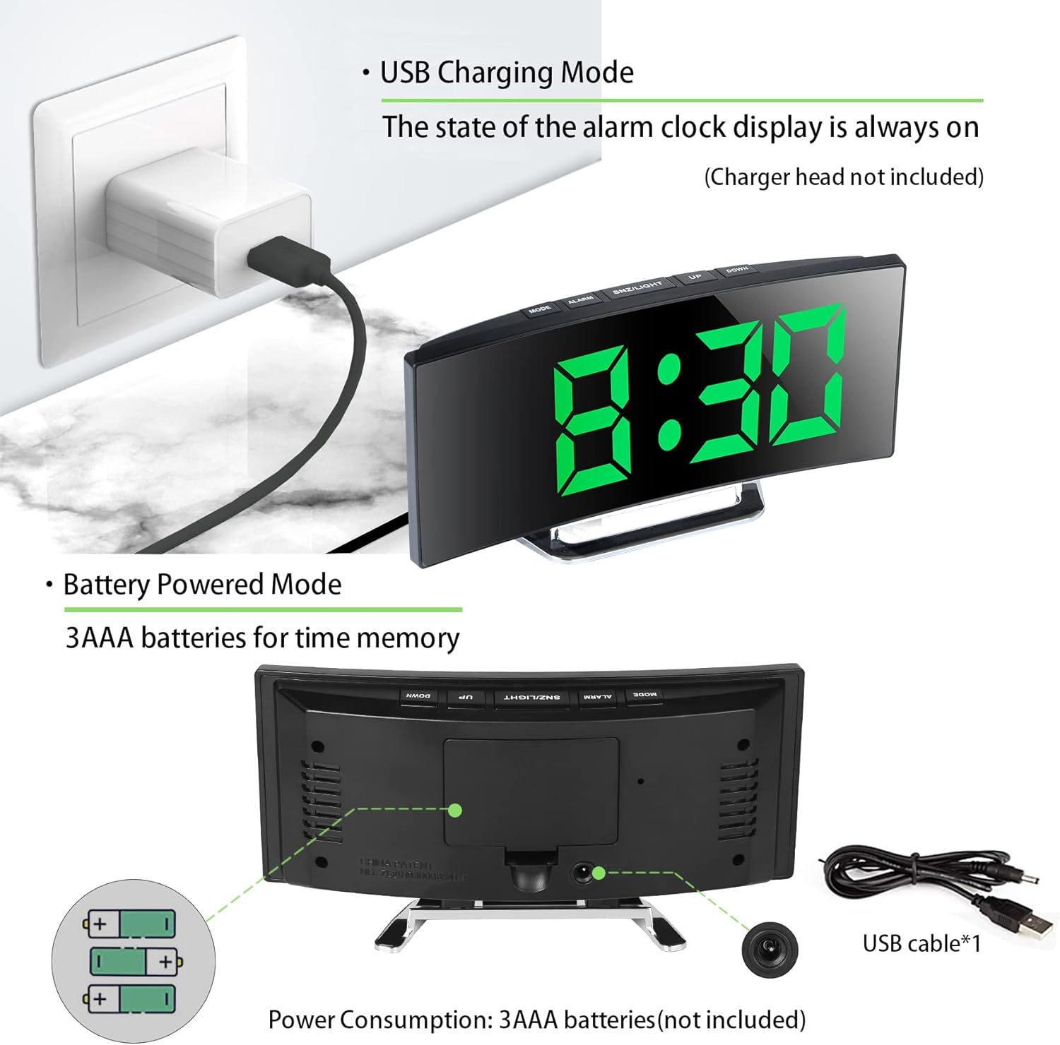 Réveil numérique pour chambre, écran miroir LED 7 pouces, 2 niveaux de luminosité, format 12/24 heures, température, date, veilleuse, fonction snooz - 5