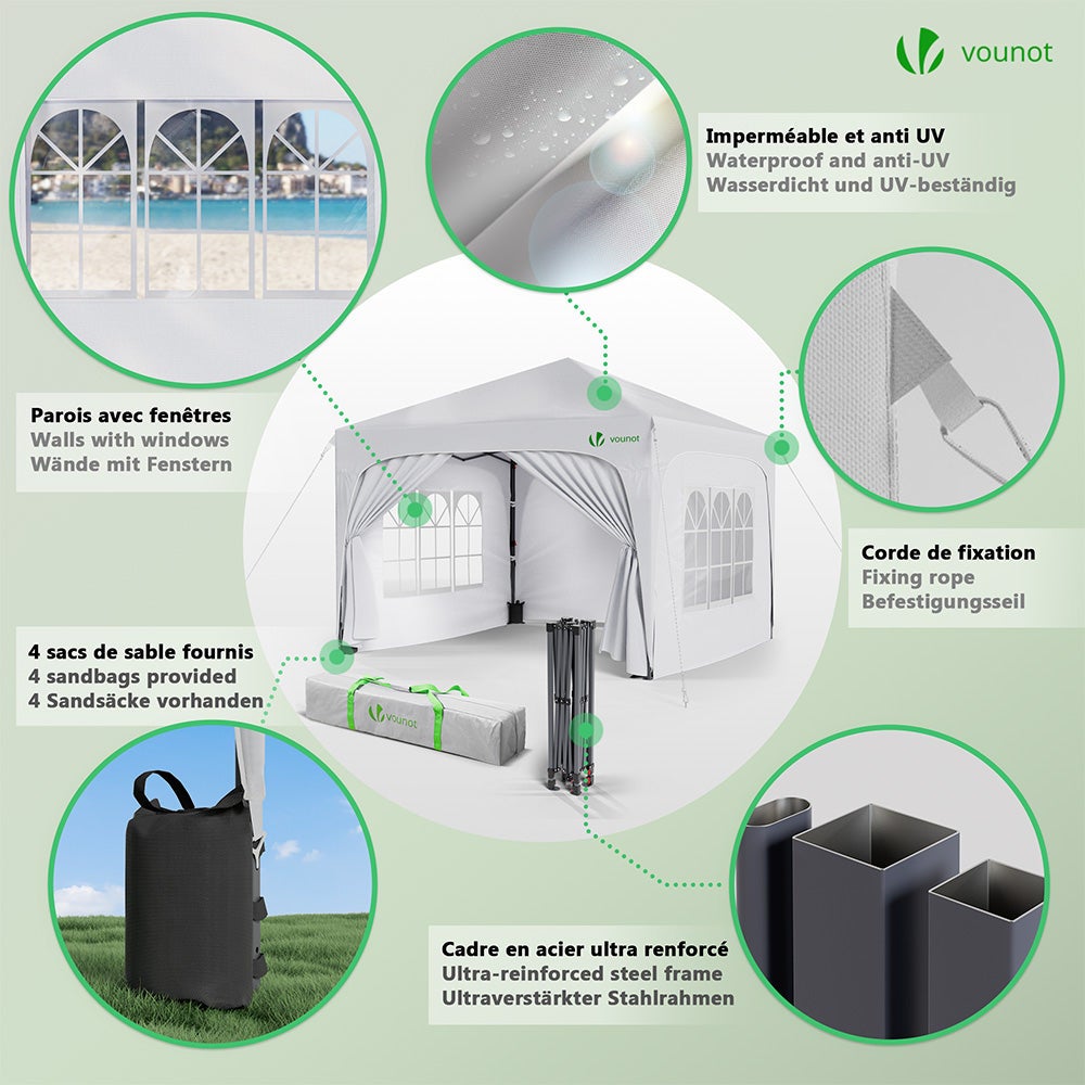 Tonnelle de jardin arquée 3x3m pliable avec porte et fenêtre amovible - Hauteur réglable - Imperméable et anti-UV - Blanc - VOUNOT® - 5