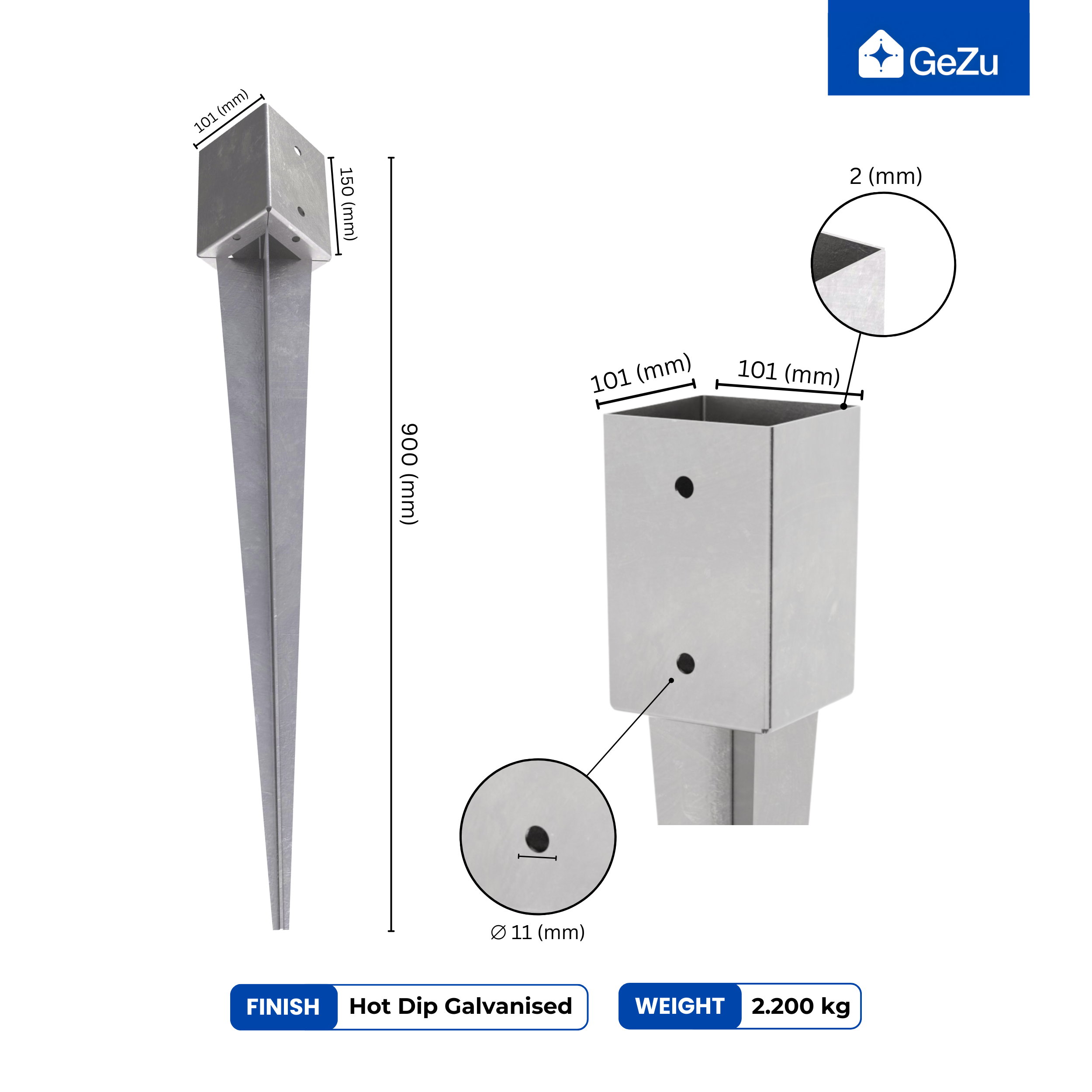 Support de Poteau à Enfoncer Galvanisé à chaud 101 x 101 x 900 mm douille enfoncer piquet cloture bois clôture ancre GeZu Impex - 2