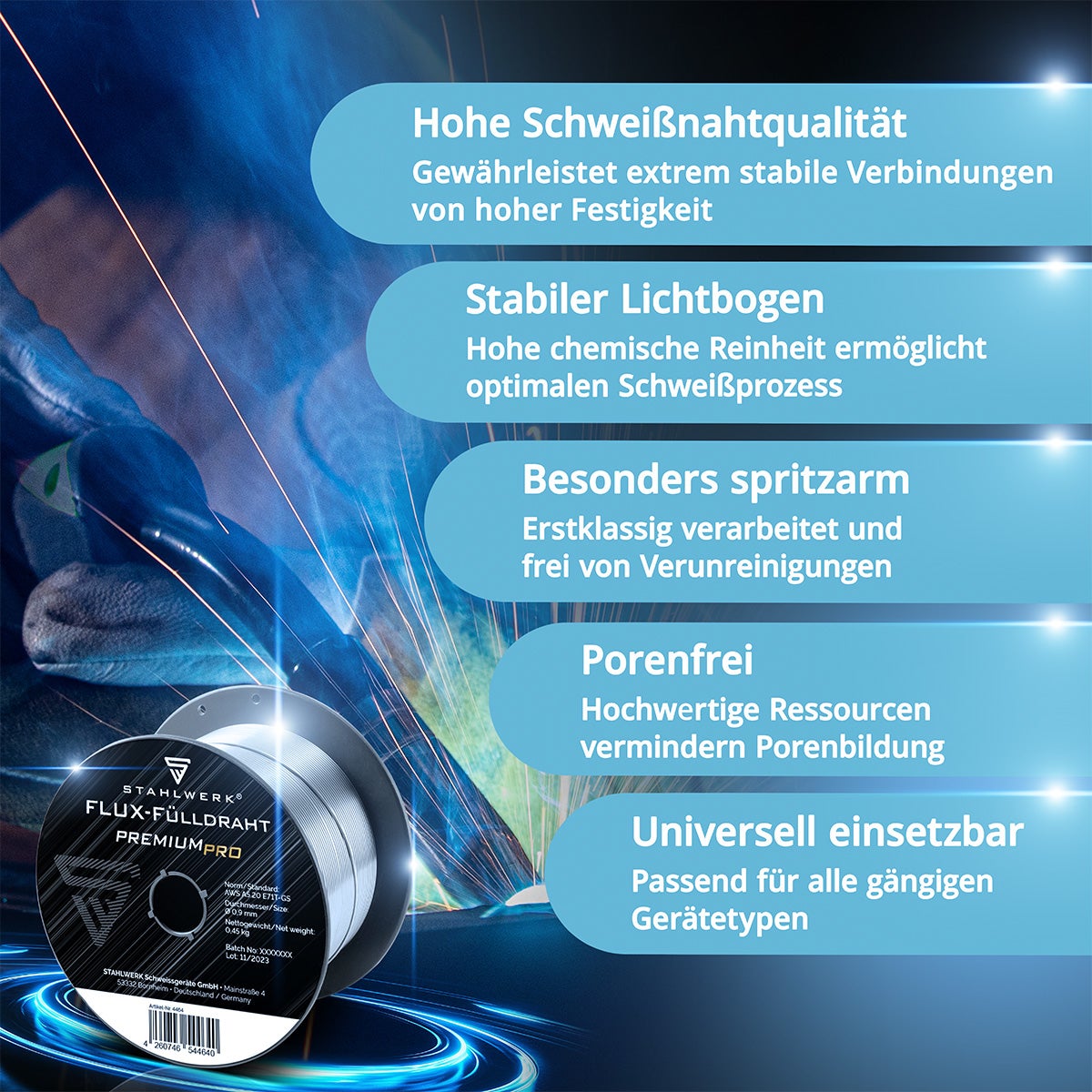 STAHLWERK Fil fourré, jeu de 3 FLUX E71T-GS 0,9 mm 0,45 kg Rouleau de fil D100 MIG MAG - 3
