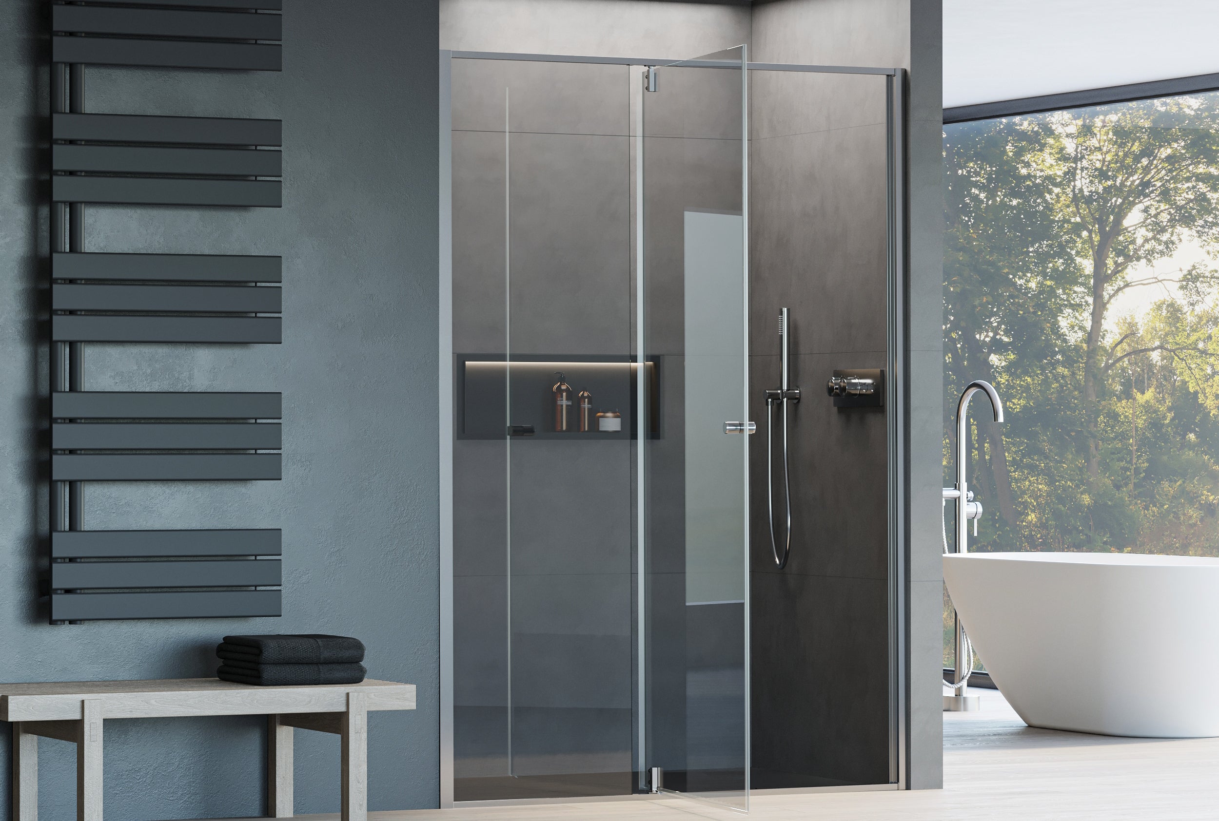 BERNSTEIN - Paroi de douche en niche 120x195cm , profil Chrome, en verre 6mm, Cabine de douche encastrée 1 Porte battante - NT606 FLEX - 2