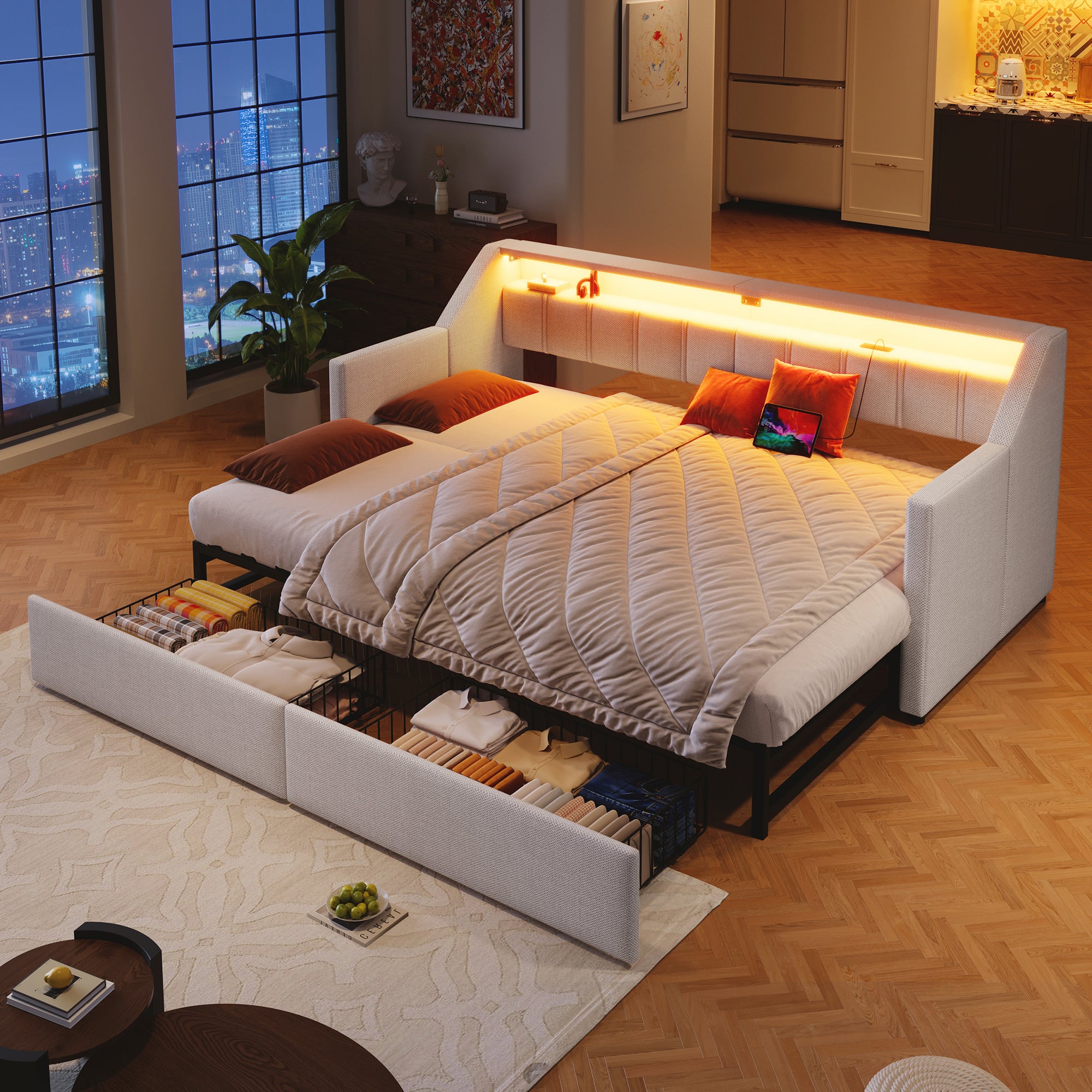 Wielofunkcyjna Sofa Rozkładana (Daybed) 90x200cm (rozsuwana do 180x200cm) z Portami USB/Type-C, Paskiem LED, 2 Szufladami i Kieszeniami – Beżowa