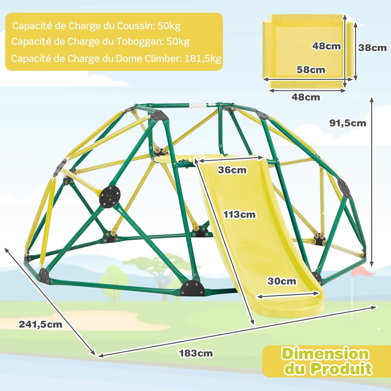 Conjunto de cúpula de escalada e escorrega 2 em 1, escada de escalada geométrica em metal estável com capacidade para 150 kg, parque infantil (verde e - 2