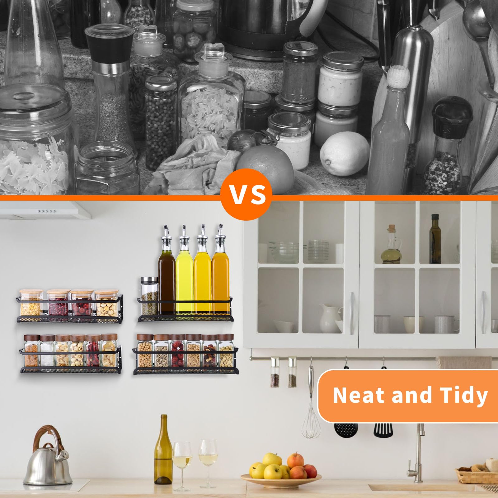 Étagère à épices murale, 4 étagères à épices en métal, sans perçage, à suspendre, pour mur ou porte de placard de cuisine - 6