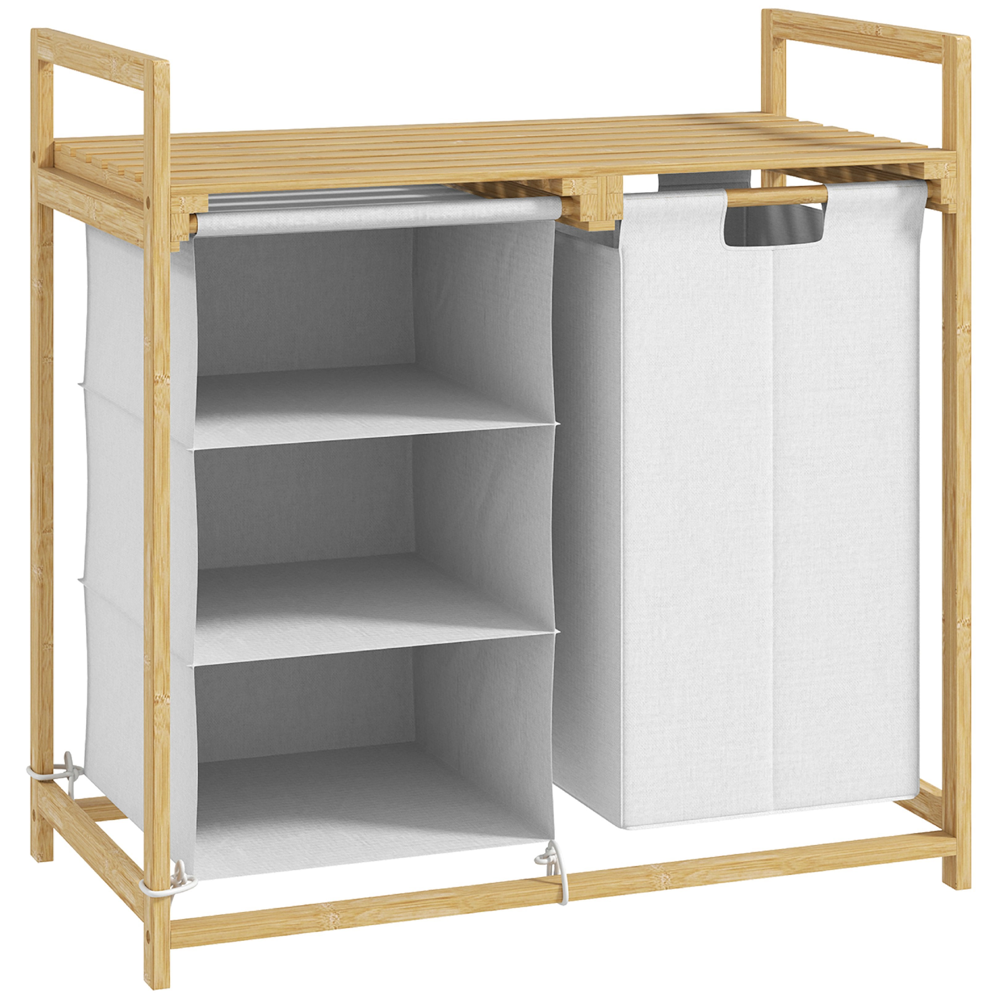 Cesto para Ropa HOMCOM 4 Compartimentos, 2 Bolsas de Tela Extraíbles y Deslizantes, Estructura de Bambú, 70 x 36 x 70 cm, 83L, Blanco - 4