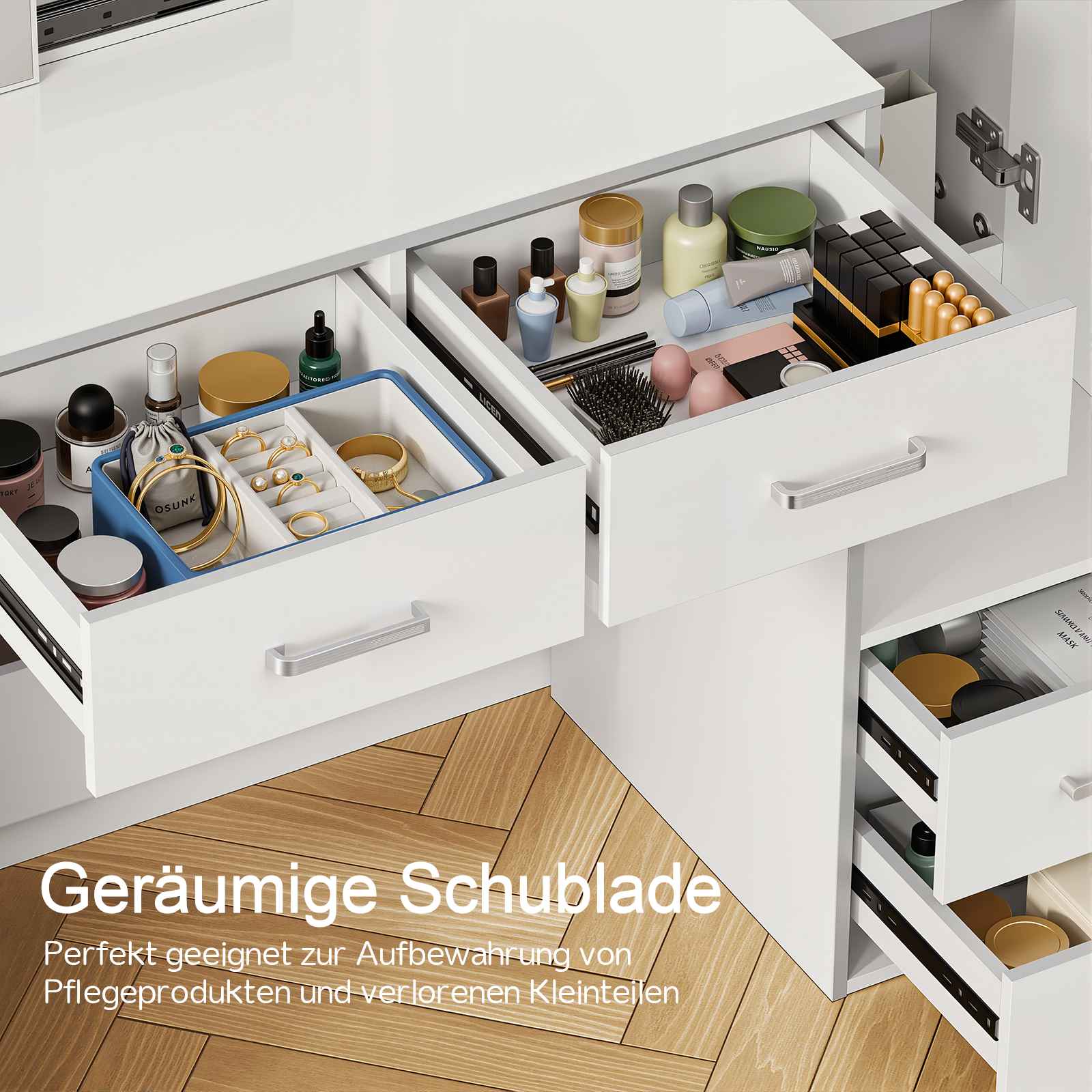 Scrivania da trucco con specchio,mobiletto da trucco con cassetto e ripiani portaoggetti,3modalità di colore disponibili per la camera da letto,bianco - 4