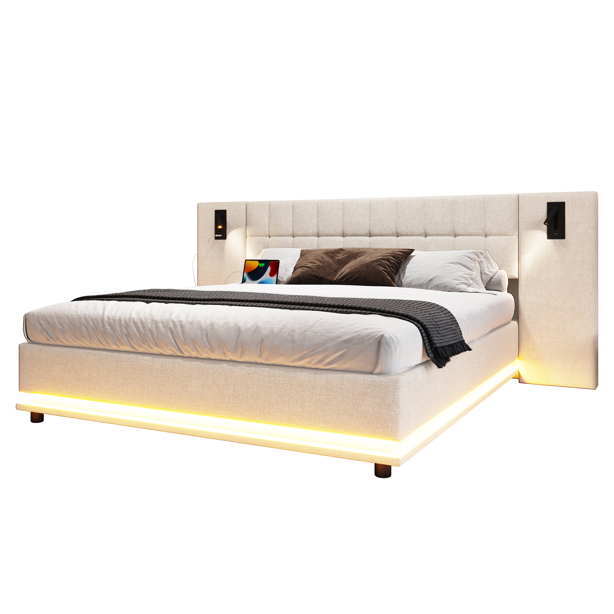 Cama estofada 180 x 200 cm com cabeceira grande - LEDs, tomadas USB e 2 candeeiros de cabeceira - Tecido de linho - Bege (sem colchão) - 6