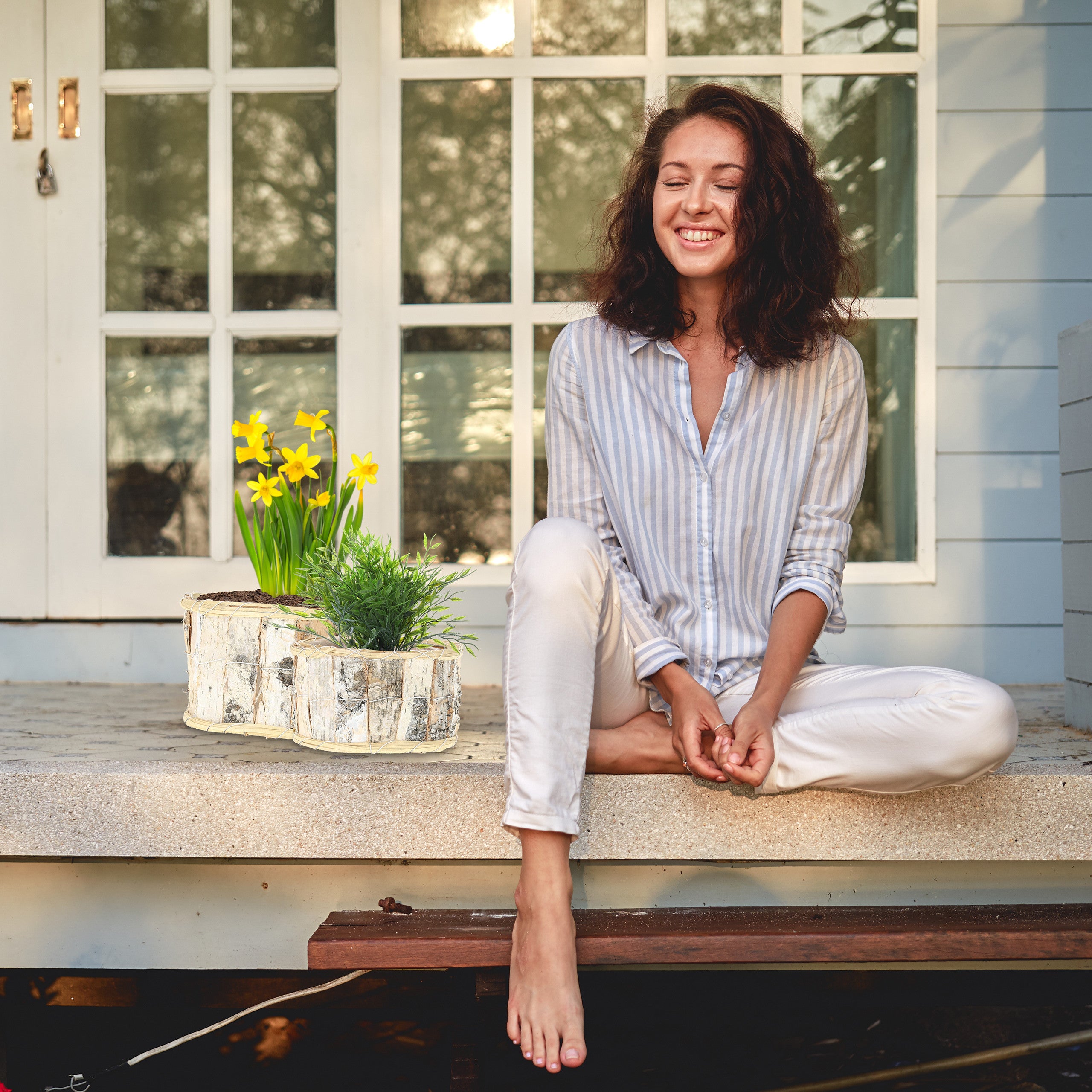 Relaxdays Set da 3 Vasi Rotondi per Fiori, Fioriere con Rivestimento, per Ambienti Interni ed Esterni, Bianco Naturale - 3